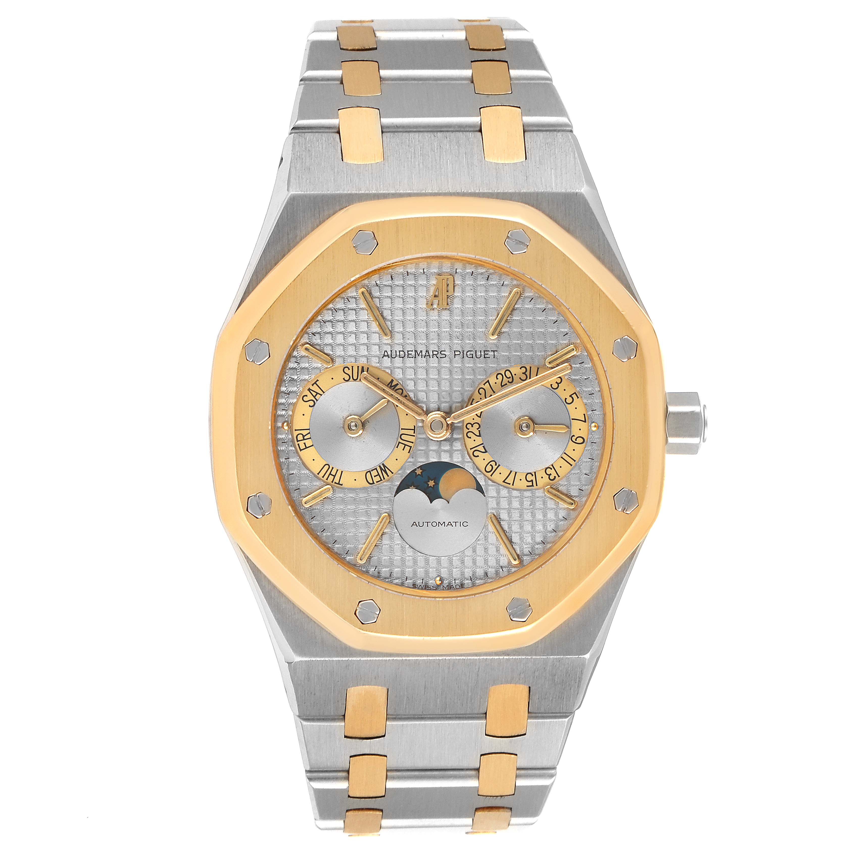 The image shows a frontal view of an Audemars Piguet Royal Oak 25594SA.O.0789SA.01 Men's Steel and Gold (two tone) Silver Dial 25594SA.O.0789SA.01 Men's Steel and Gold (two tone) Silver Dial watch, highlighting its dial, bezel, and bracelet.