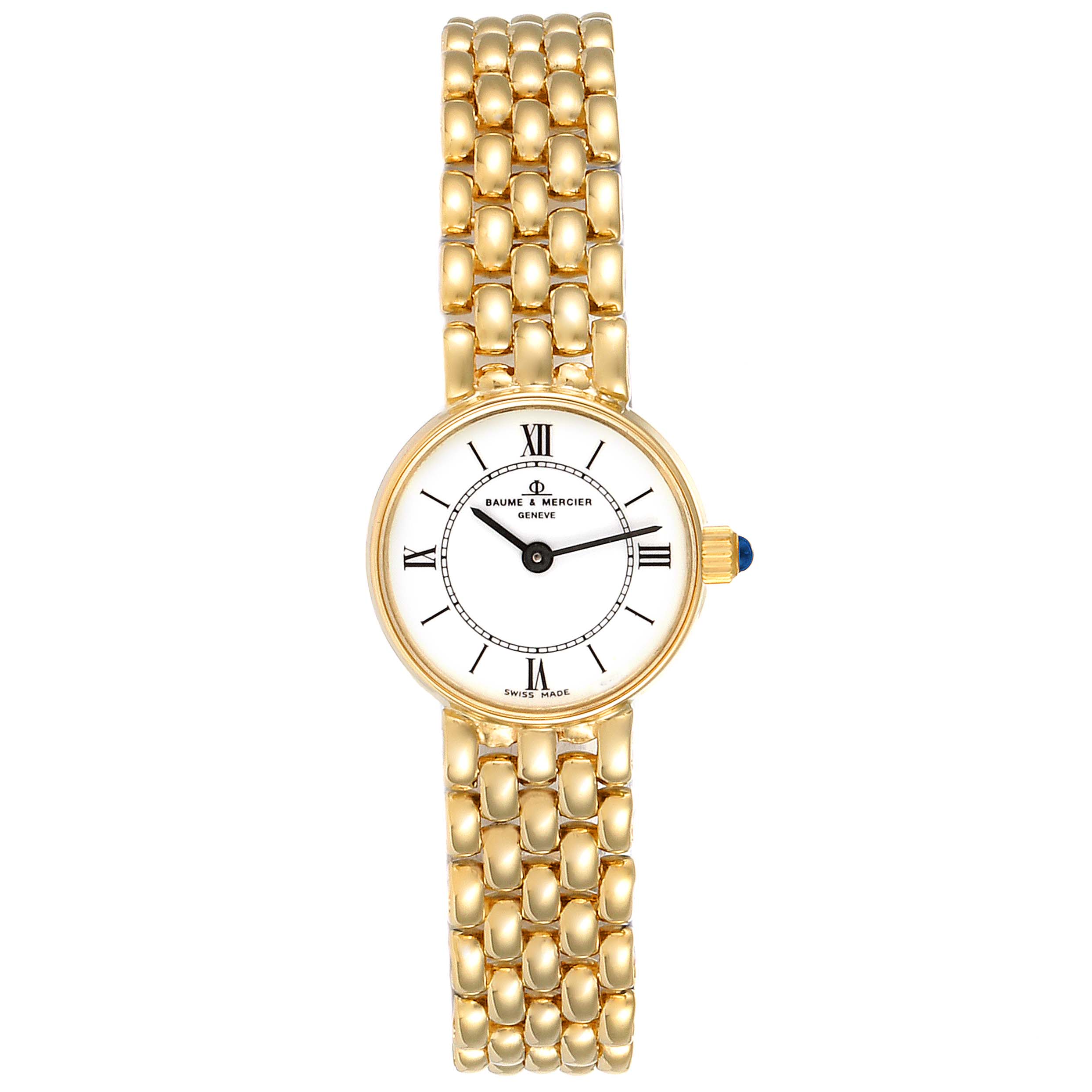 The image shows a front view of the Baume & Mercier  Women's Yellow Gold White Dial  Women's Yellow Gold White Dial 14k Yellow Gold White Dial Cocktail Ladies Watch with a gold bracelet.