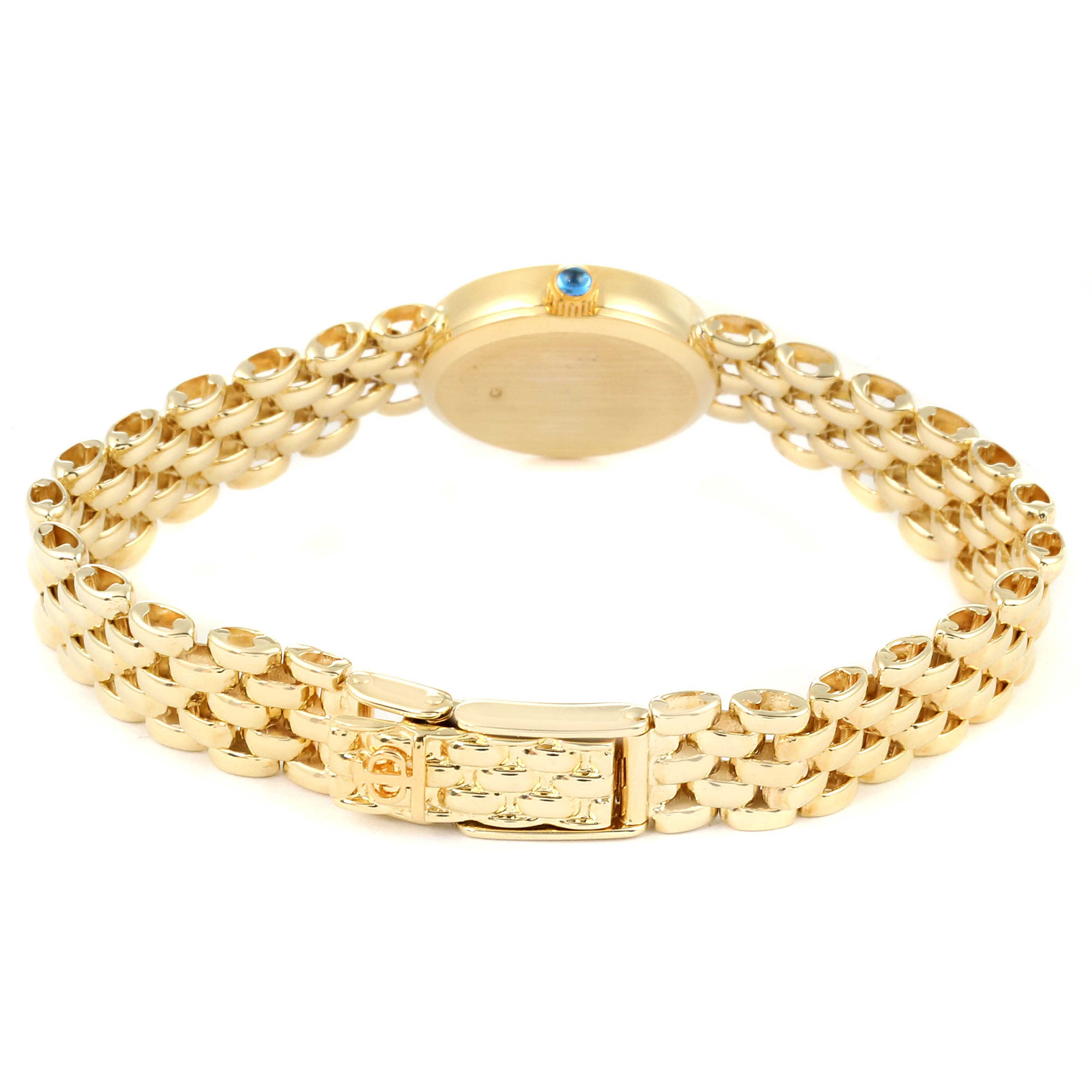 The image shows a Baume & Mercier  Women's Yellow Gold White Dial  Women's Yellow Gold White Dial 14k Yellow Gold Cocktail Ladies Watch from the back displaying its clasp and band.