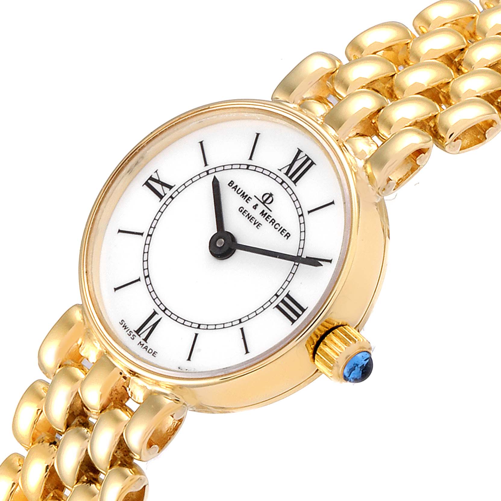 The Baume & Mercier  Women's Yellow Gold White Dial  Women's Yellow Gold White Dial 14k Yellow Gold White Dial Cocktail Ladies Watch is shown at an angle focusing on the face and part of the gold bracelet.