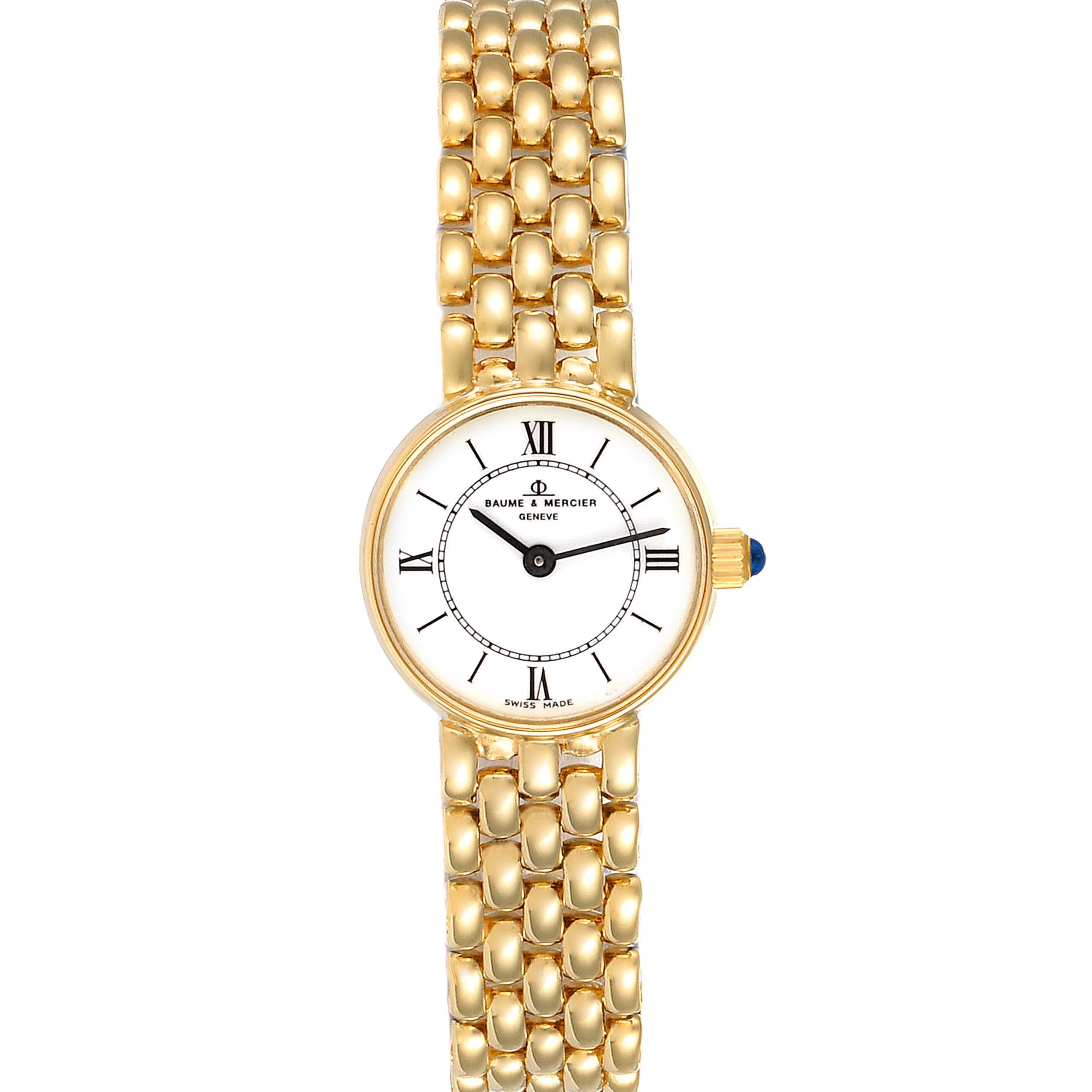 This image shows a full front view of the Baume & Mercier  Women's Yellow Gold White Dial  Women's Yellow Gold White Dial 14k Yellow Gold White Dial Cocktail Ladies Watch, highlighting its dial and bracelet.
