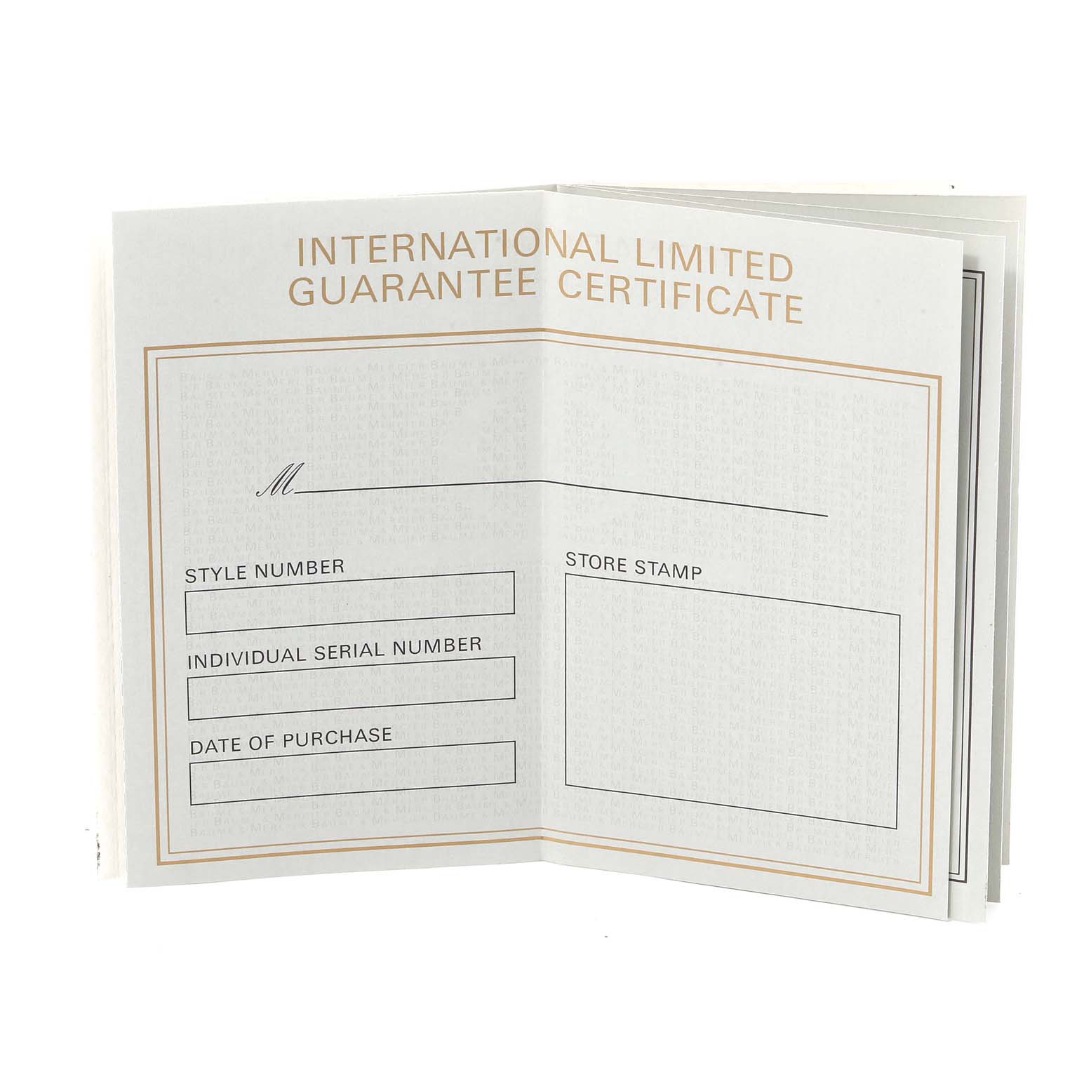 The image shows the International Limited Guarantee Certificate for the Baume & Mercier  Women's Yellow Gold White Dial  Women's Yellow Gold White Dial 14k Yellow Gold White Dial Cocktail Ladies Watch.