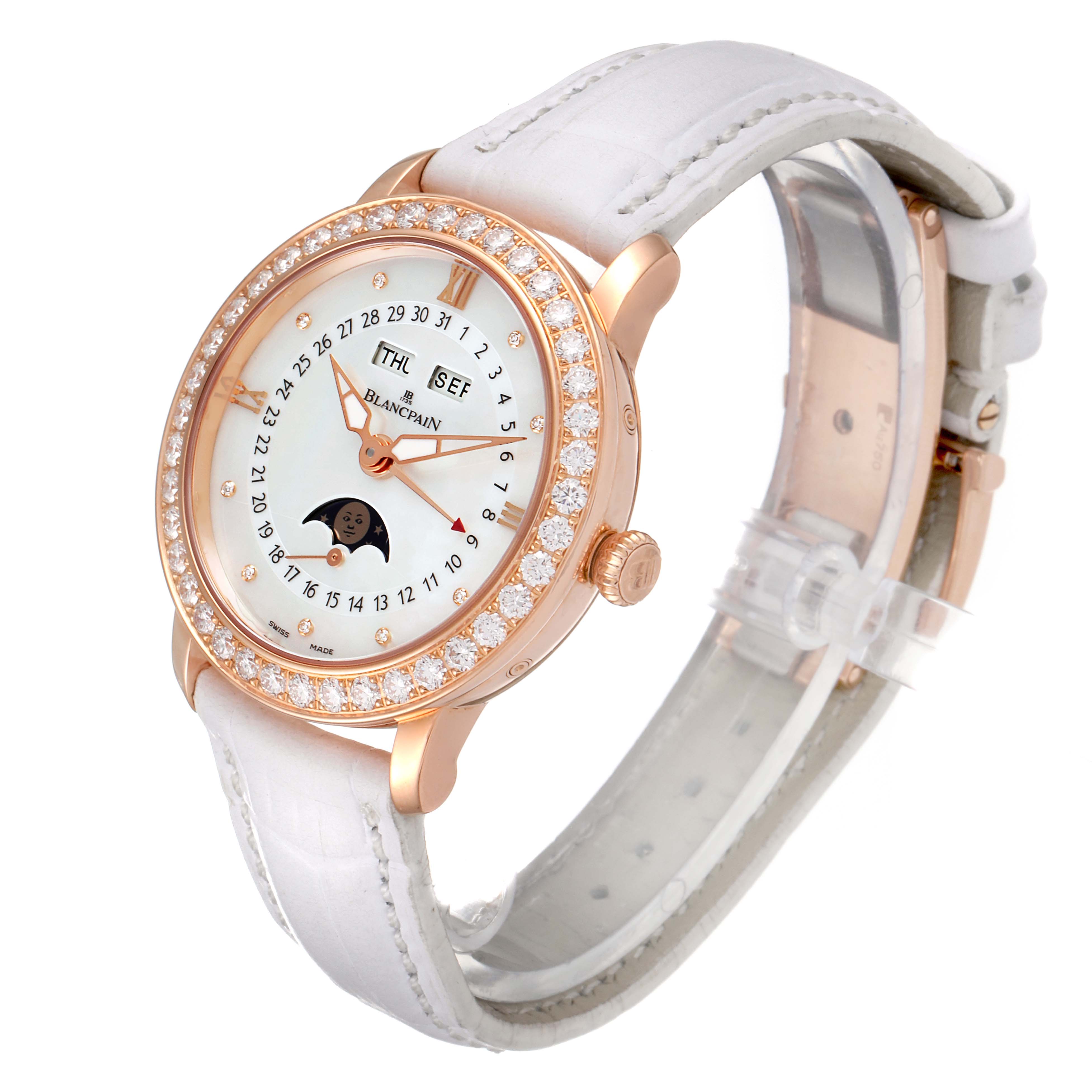 The image shows a Quantieme Complet 18k Rose Gold Diamond Watch 3663-2954-55B by Blancpain 3663-2954-55B Women's Rose Gold Mother of Pearl Dial 3663-2954-55B Women's Rose Gold Mother of Pearl Dial from a front angle, displaying the face and strap.