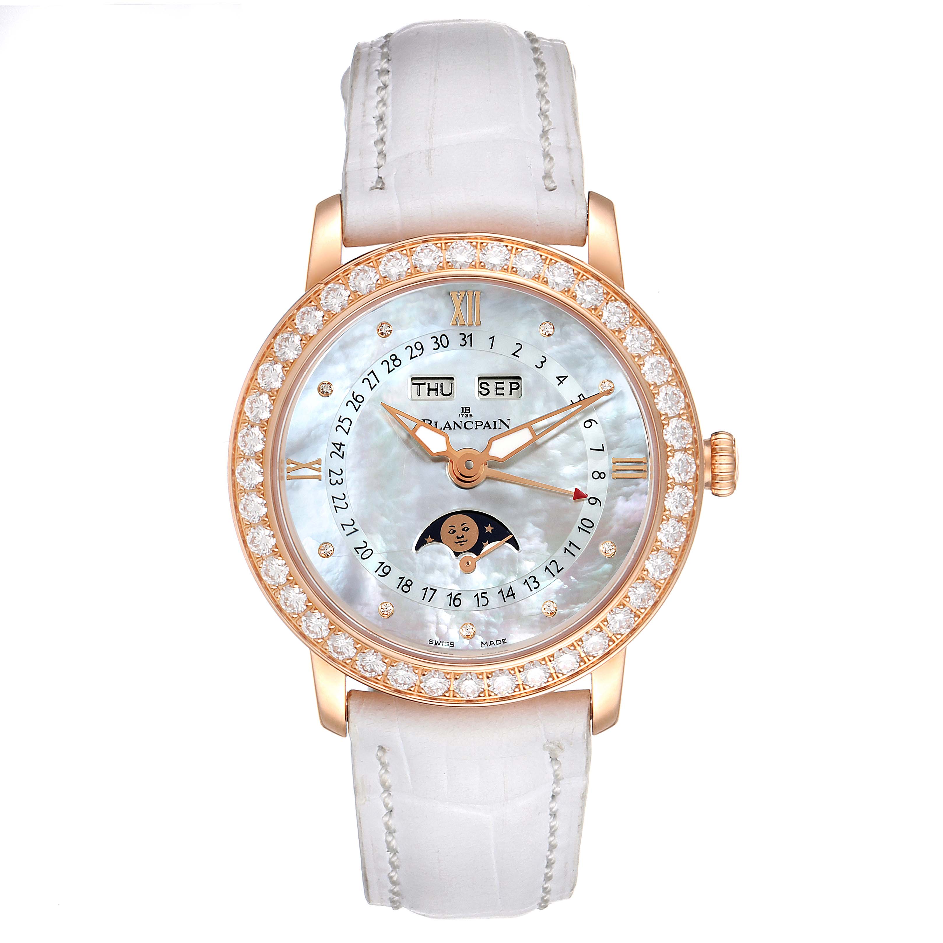 Front view of the Blancpain 3663-2954-55B Women's Rose Gold Mother of Pearl Dial 3663-2954-55B Women's Rose Gold Mother of Pearl Dial Quantieme Complet 18k Rose Gold Diamond Watch 3663-2954-55B, showing the dial and strap.