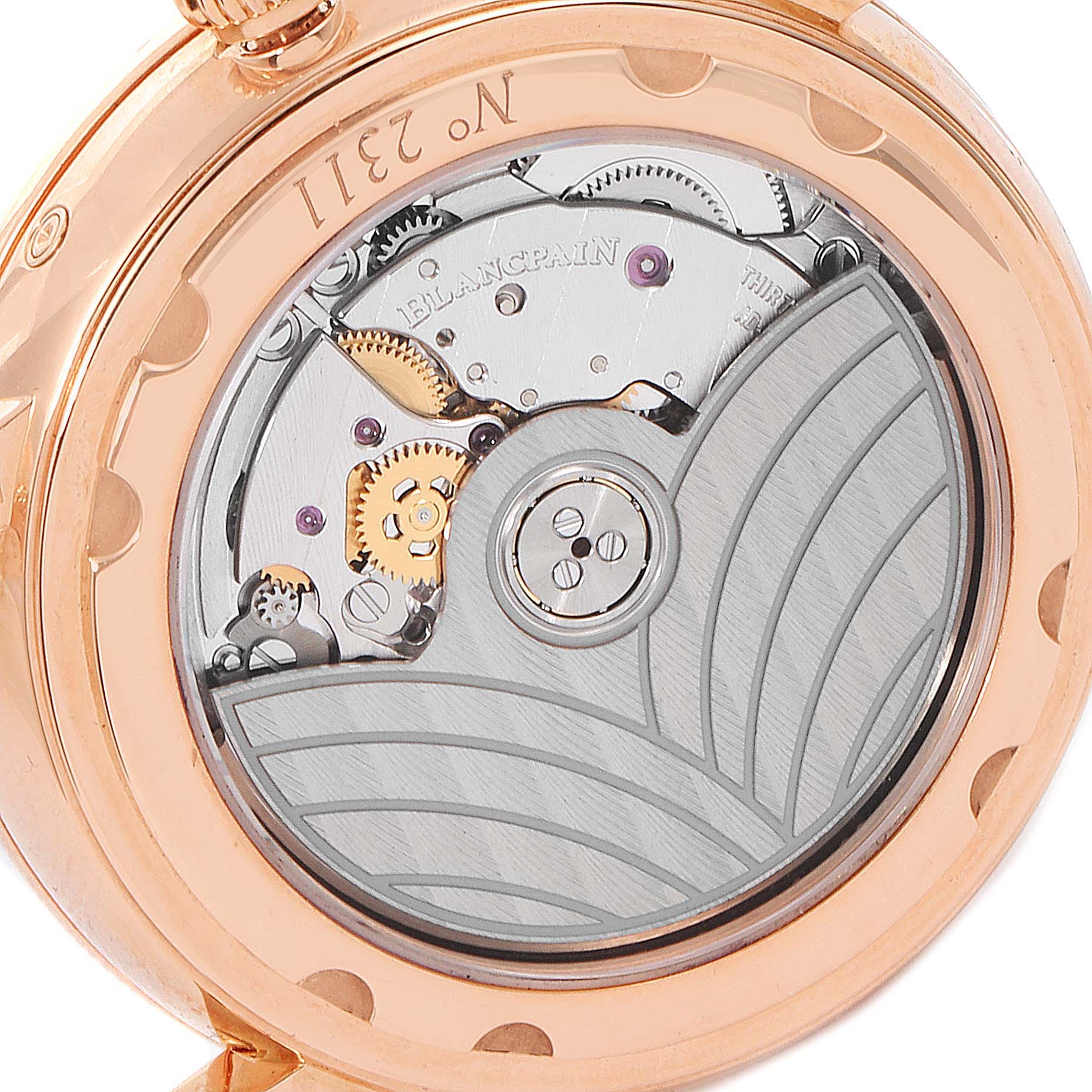 The image shows the back view of the Blancpain 3663-2954-55B Women's Rose Gold Mother of Pearl Dial 3663-2954-55B Women's Rose Gold Mother of Pearl Dial Quantieme Complet 18k Rose Gold Diamond Watch 3663-2954-55B, revealing its intricate movement.