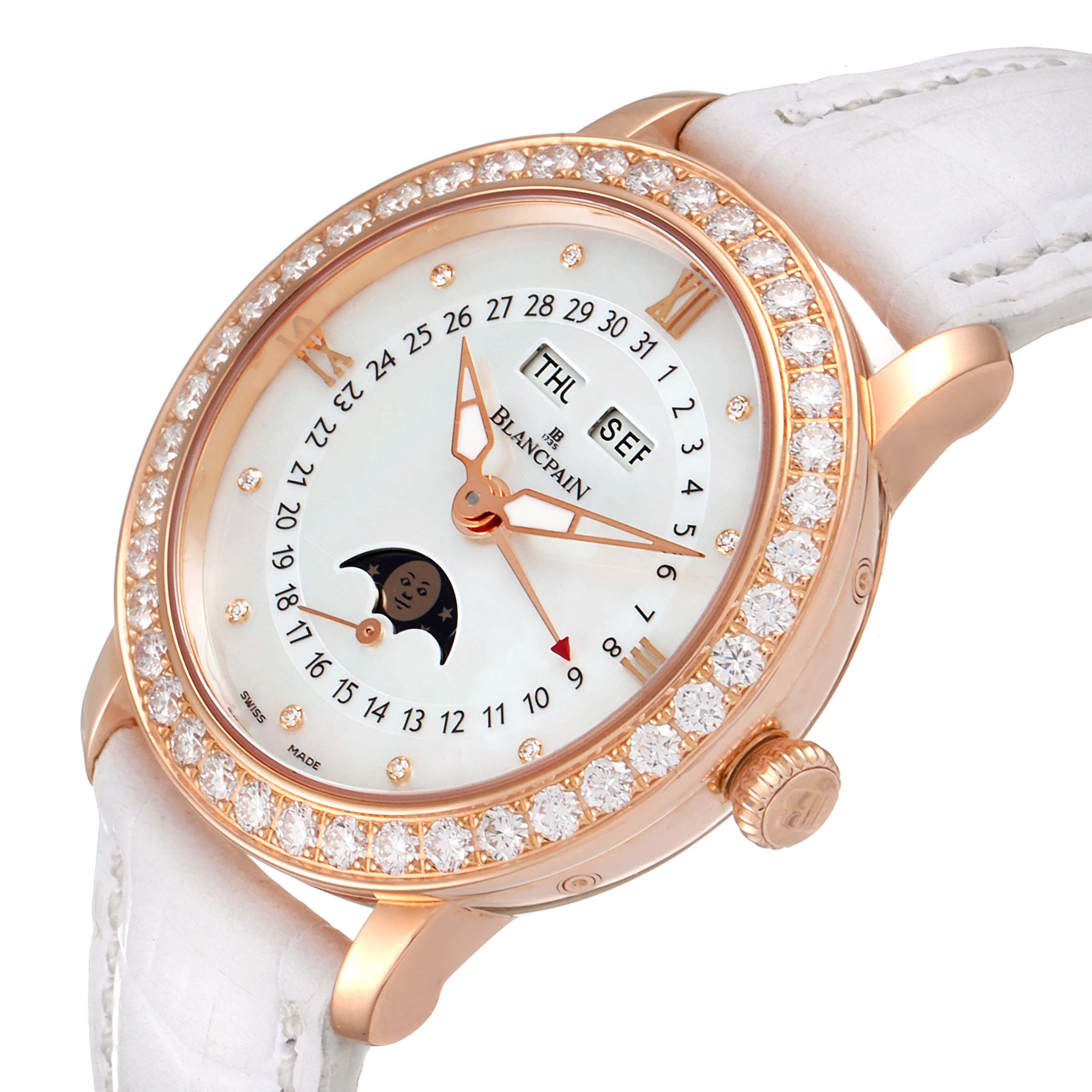 The image shows a close-up angled view of the Blancpain 3663-2954-55B Women's Rose Gold Mother of Pearl Dial 3663-2954-55B Women's Rose Gold Mother of Pearl Dial Quantieme Complet 18k Rose Gold Diamond Watch 3663-2954-55B, highlighting its face and bezel.