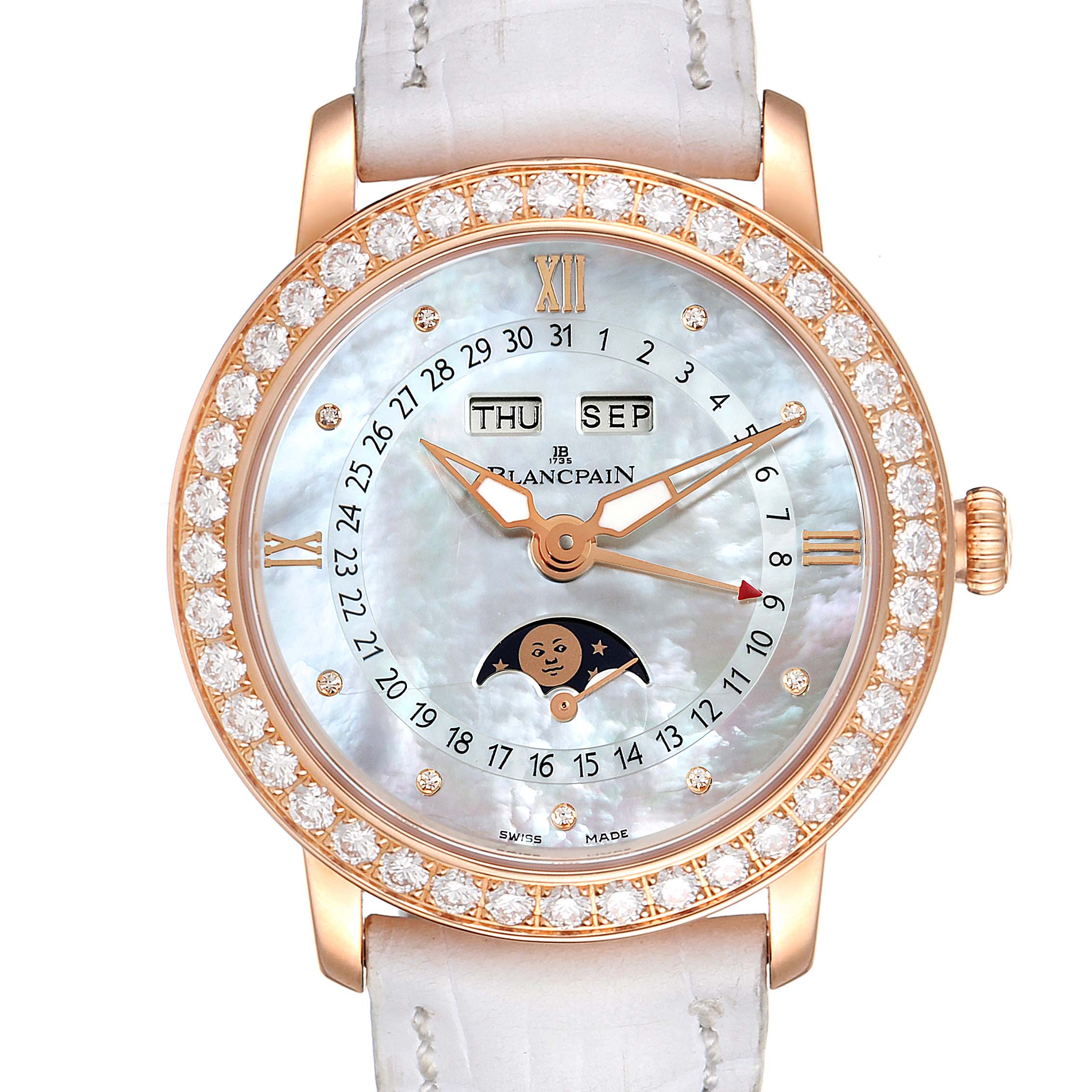 The image shows a frontal view of the Blancpain 3663-2954-55B Women's Rose Gold Mother of Pearl Dial 3663-2954-55B Women's Rose Gold Mother of Pearl Dial Quantieme Complet 18k Rose Gold Diamond Watch 3663-2954-55B, highlighting its dial and bezel.