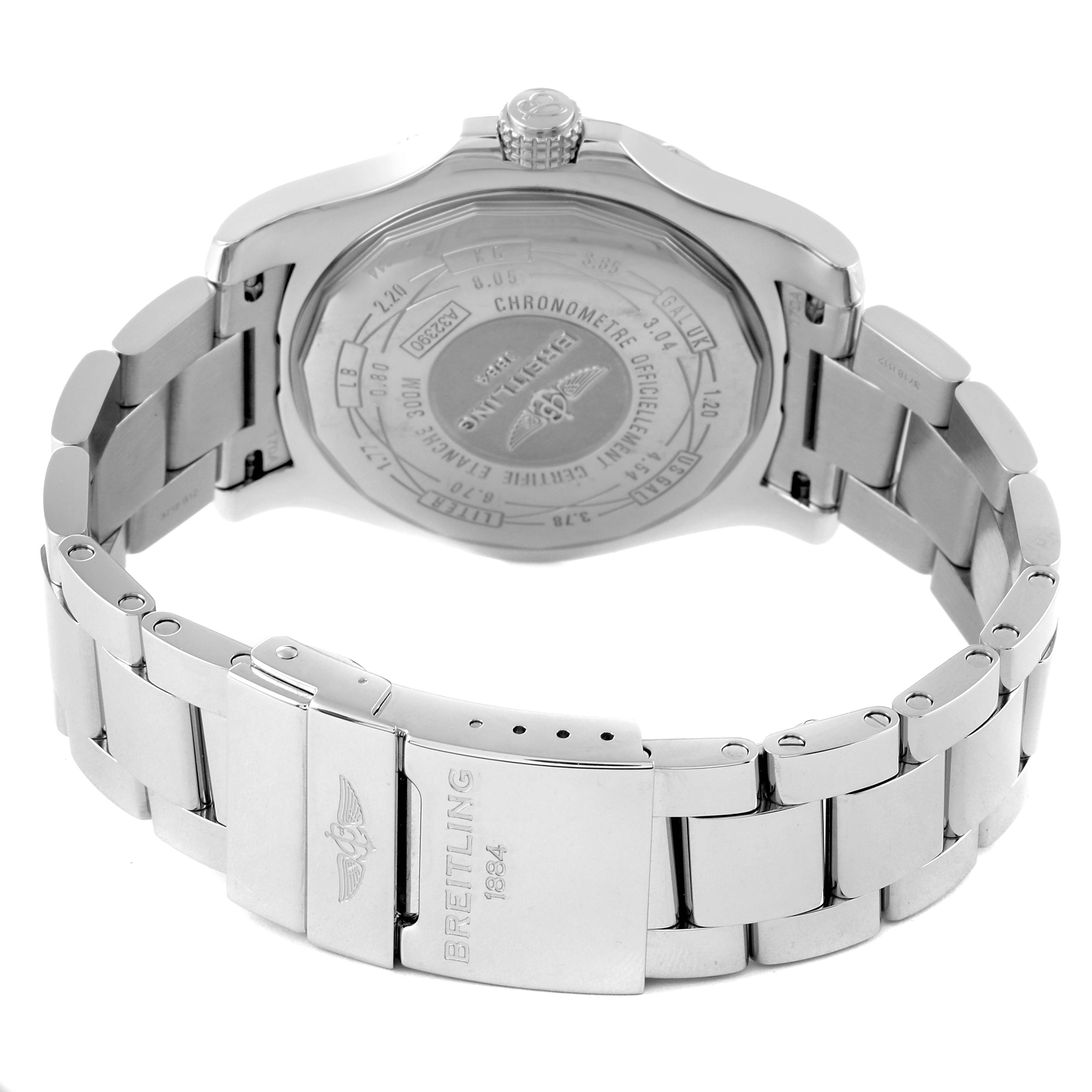 This image shows the back case and the stainless steel bracelet of a Breitling Avenger A32390 Men's Stainless Steel Mother of Pearl Dial A32390 Men's Stainless Steel Mother of Pearl Dial watch.