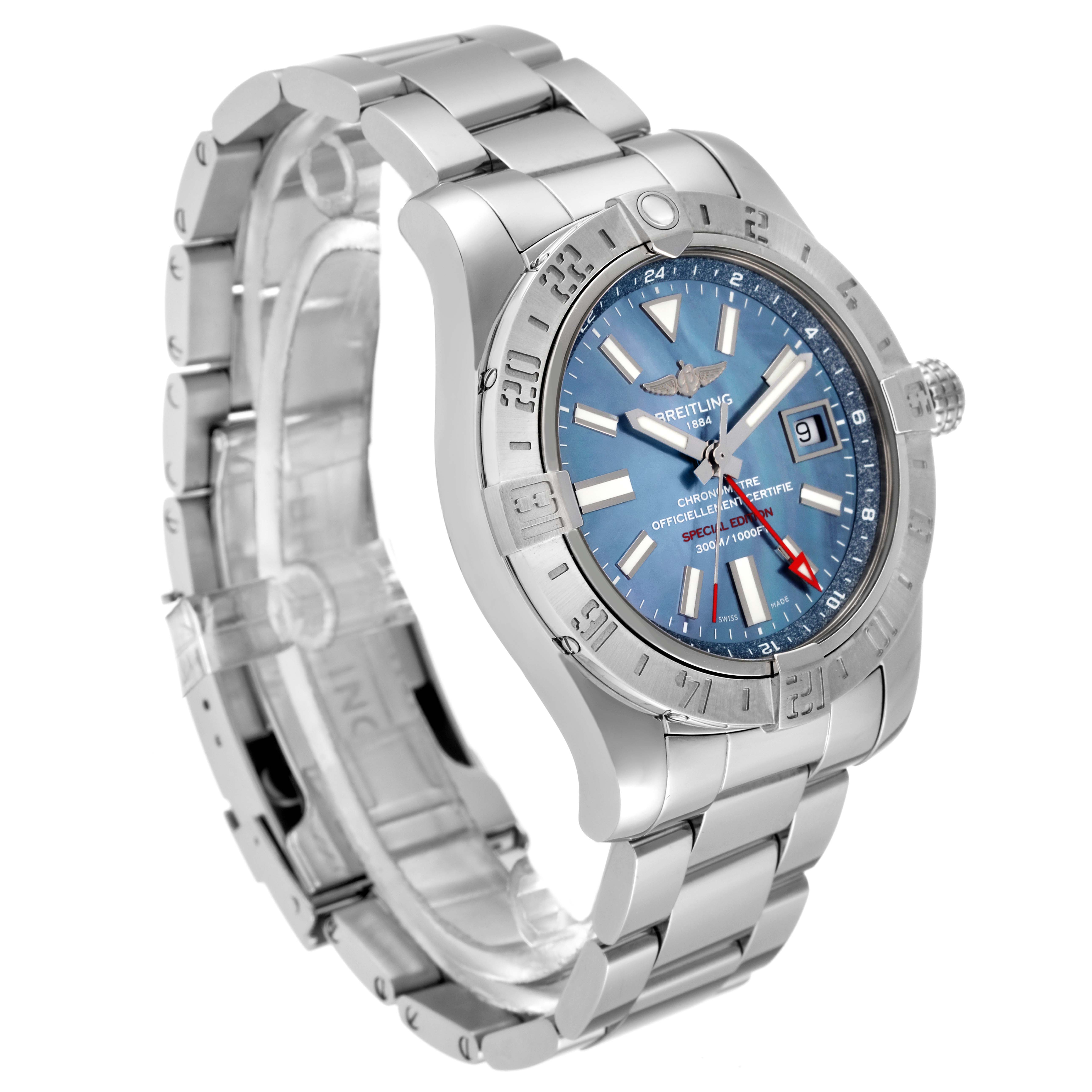 The image shows a Breitling Avenger A32390 Men's Stainless Steel Mother of Pearl Dial A32390 Men's Stainless Steel Mother of Pearl Dial watch from a front-left angle highlighting the blue dial, bezel, and metal bracelet.