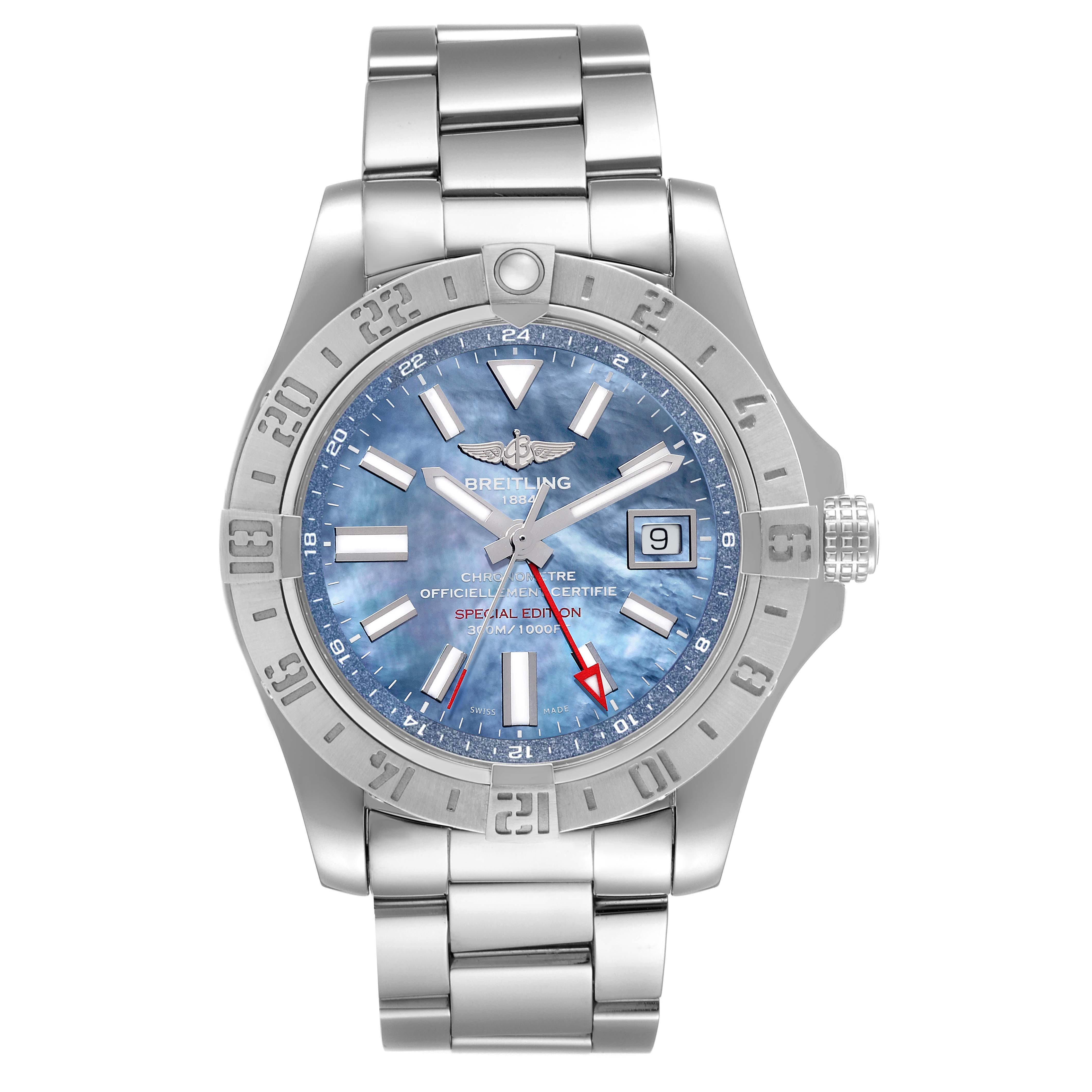 The image shows a front view of a Breitling Avenger A32390 Men's Stainless Steel Mother of Pearl Dial A32390 Men's Stainless Steel Mother of Pearl Dial watch, showcasing its dial, bezel, case, date window, and bracelet.