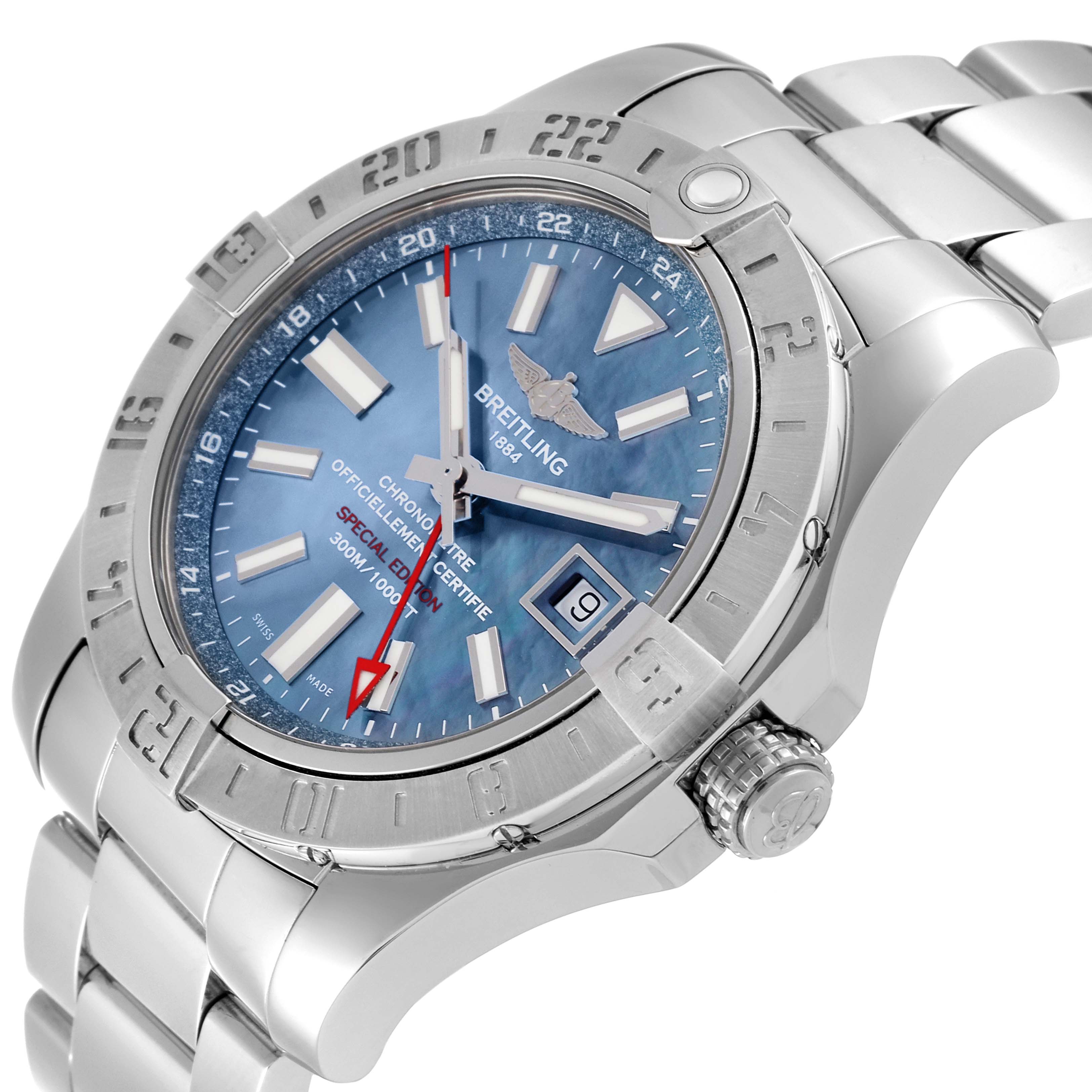 The image shows a close-up, angled view of the Breitling Avenger A32390 Men's Stainless Steel Mother of Pearl Dial A32390 Men's Stainless Steel Mother of Pearl Dial watch, highlighting its blue dial, bezel, crown, and part of its bracelet.