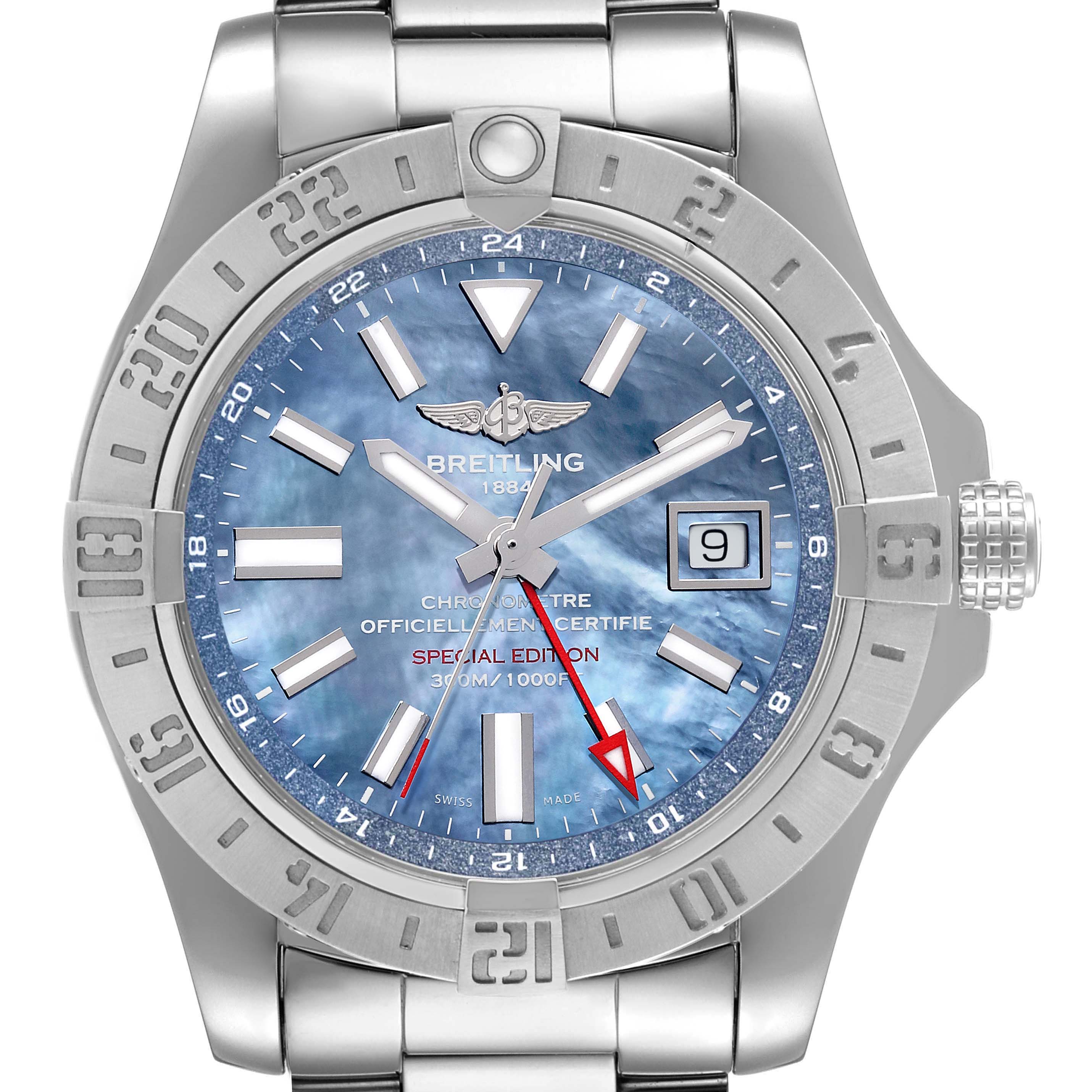 The image shows a front view of the Breitling Avenger A32390 Men's Stainless Steel Mother of Pearl Dial A32390 Men's Stainless Steel Mother of Pearl Dial watch, highlighting its face, bezel, bracelet, and crown.