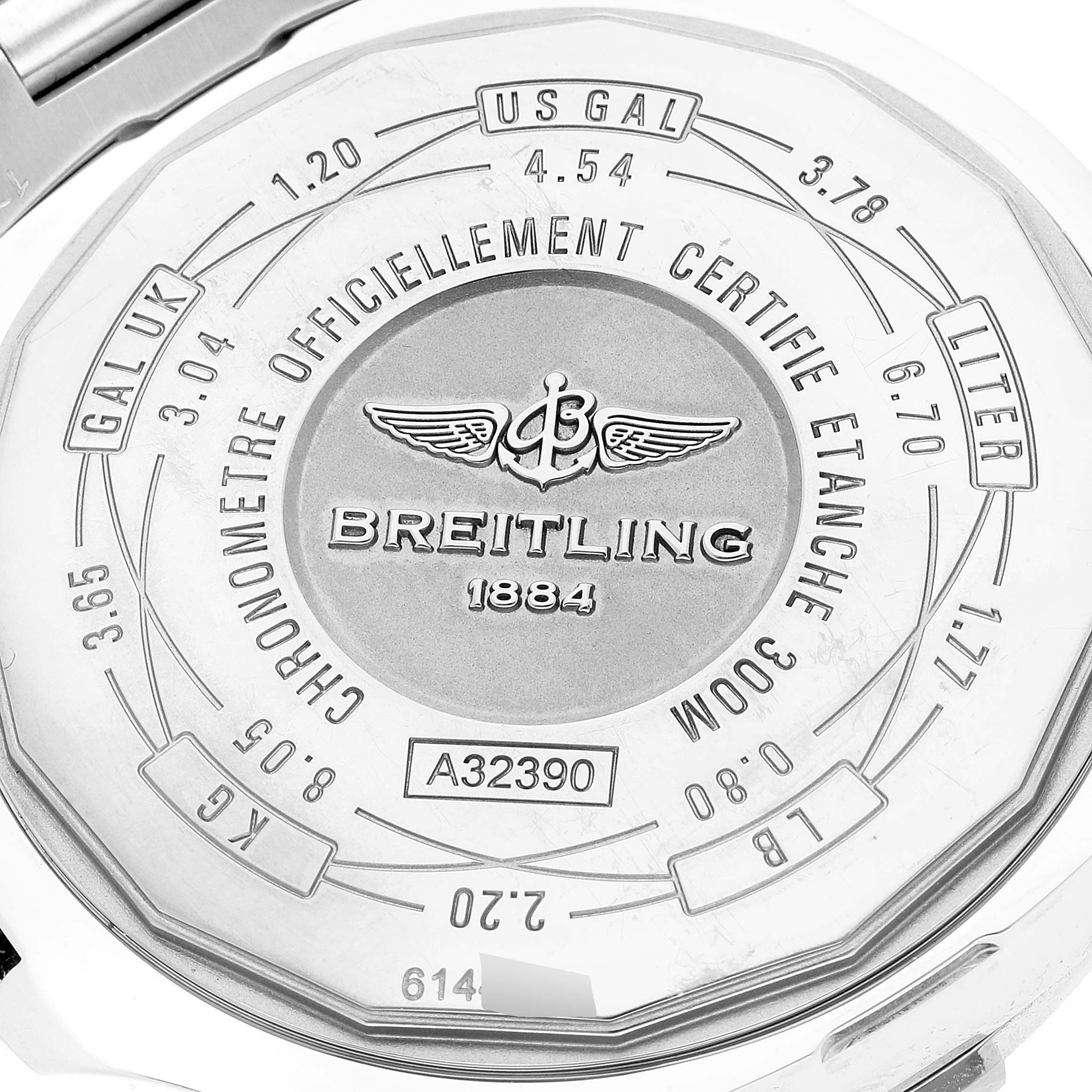 This image shows the case back of a Breitling Avenger A32390 Men's Stainless Steel Mother of Pearl Dial A32390 Men's Stainless Steel Mother of Pearl Dial watch with model number A32390 engraved.