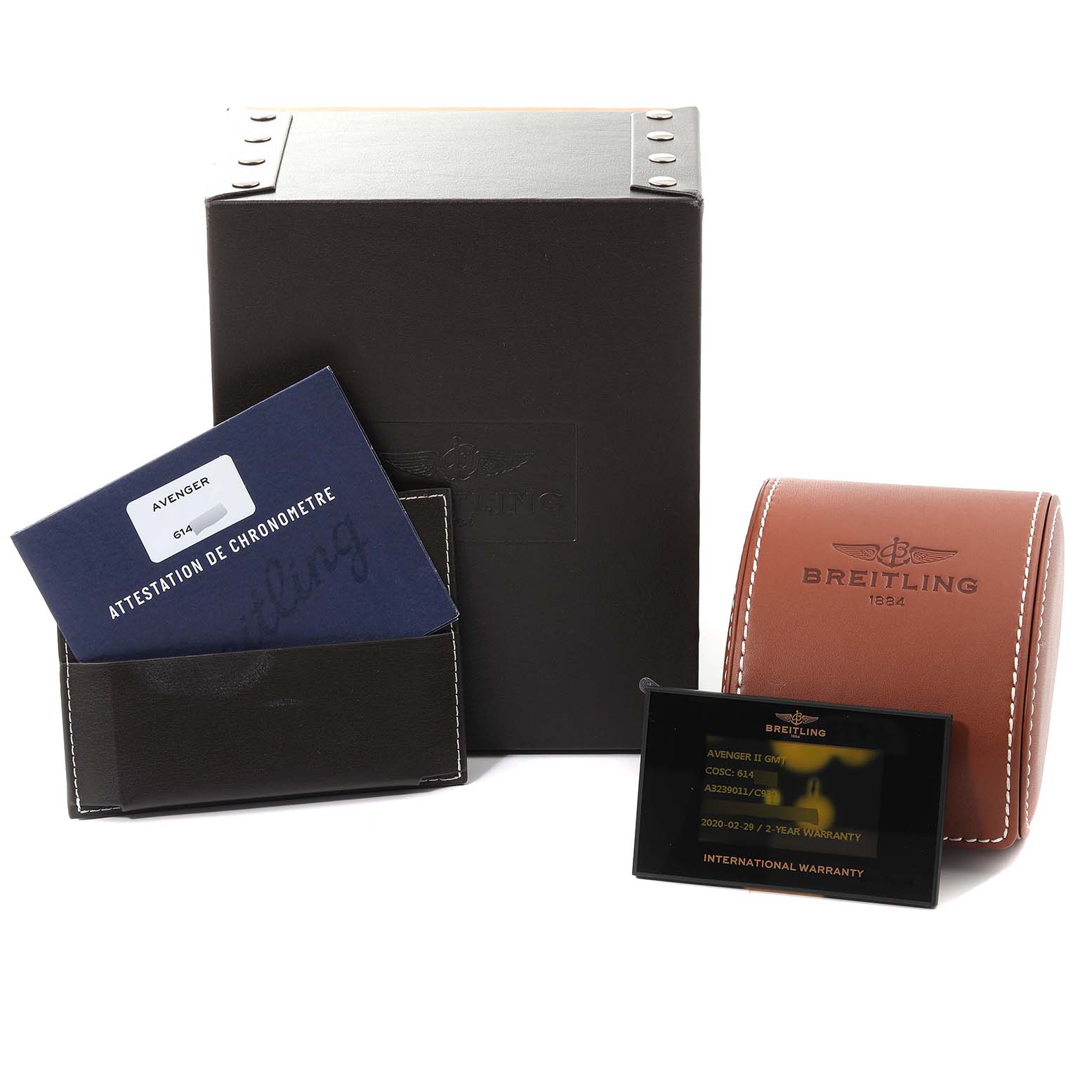 The image shows the packaging, manual, warranty card, and leather case for the Breitling Avenger A32390 Men's Stainless Steel Mother of Pearl Dial A32390 Men's Stainless Steel Mother of Pearl Dial watch.