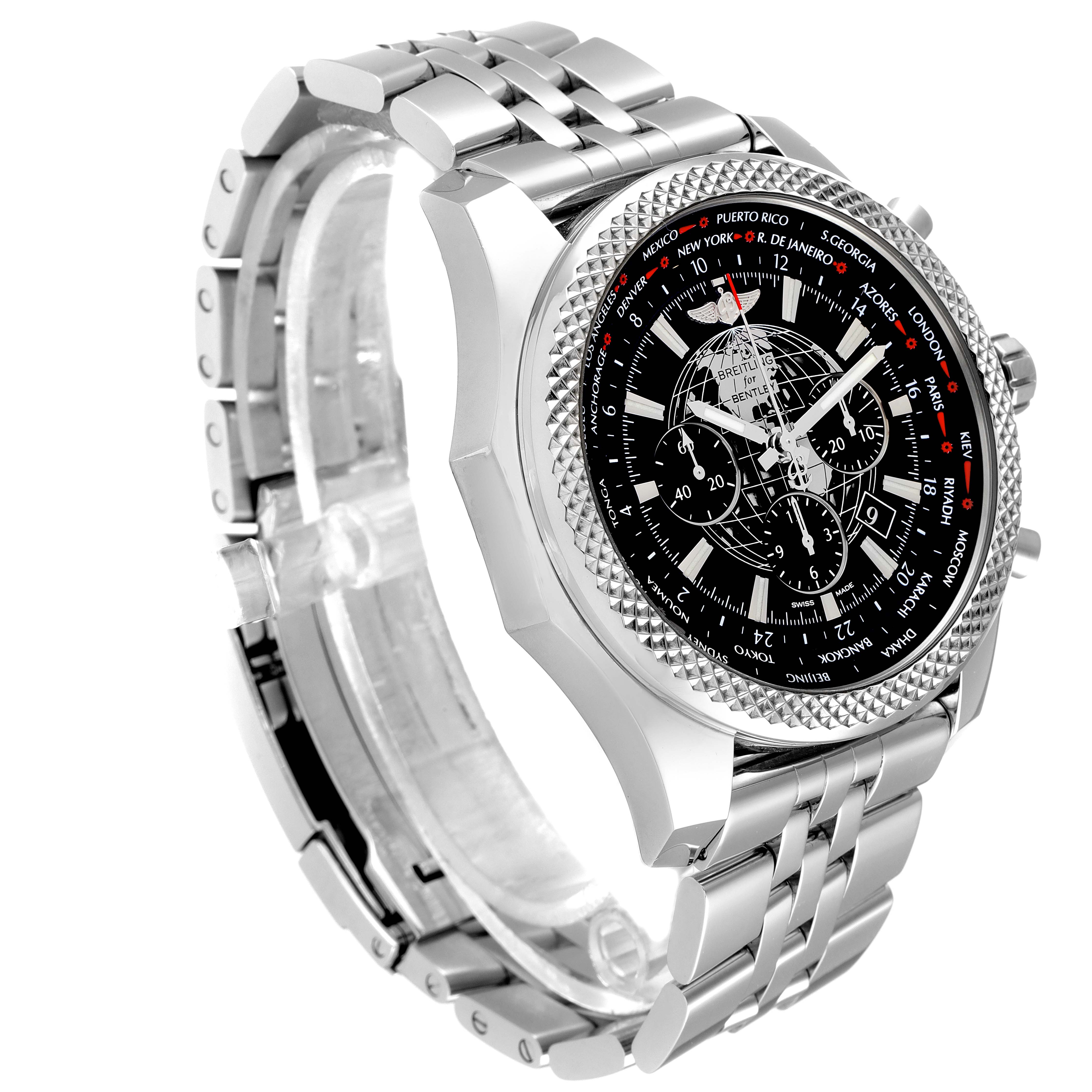 The image shows a Breitling Bentley AB0521U4/BC65 Men's Stainless Steel Black Dial AB0521U4/BC65 Men's Stainless Steel Black Dial watch at a side angle, highlighting its face, bezel, and metal bracelet.