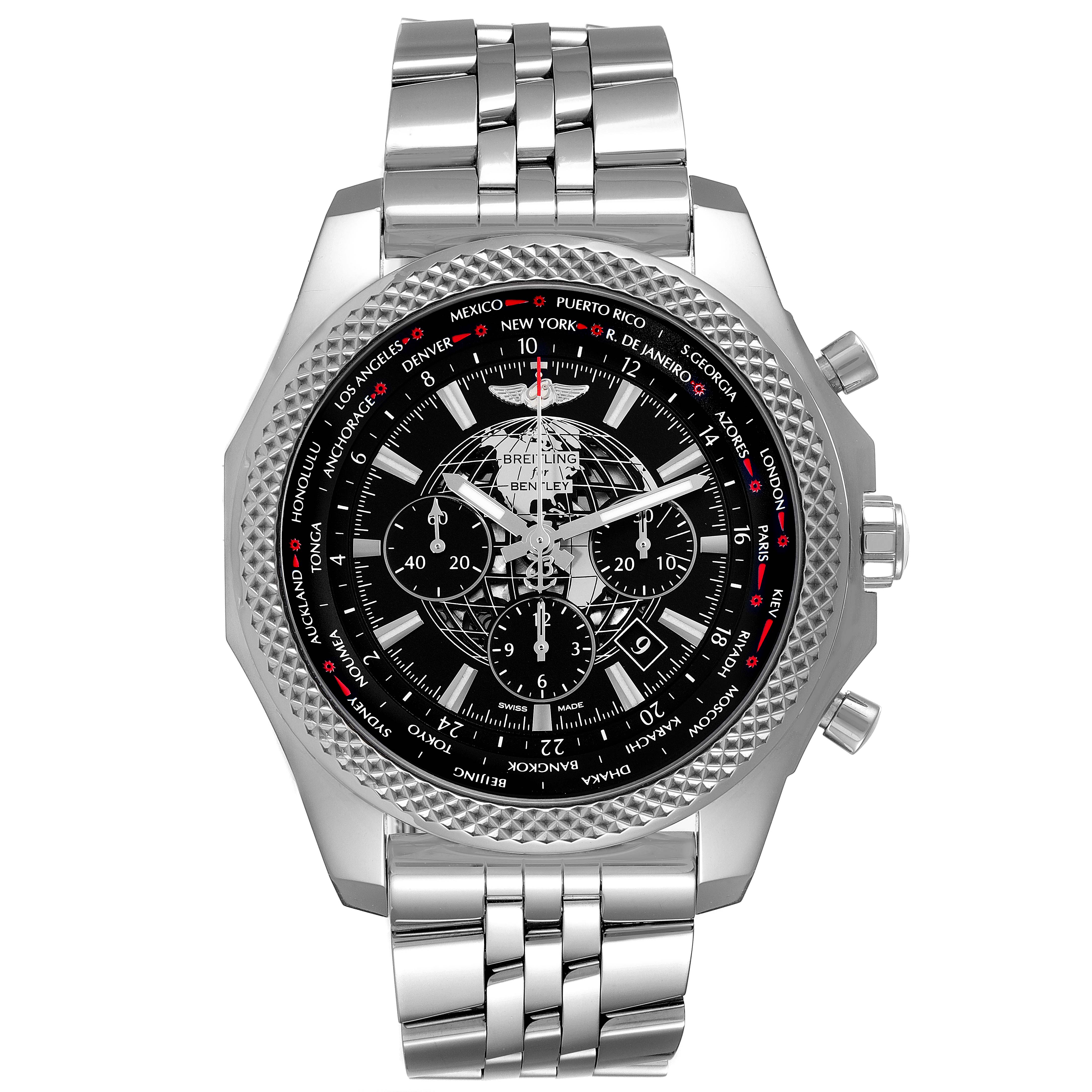 The image shows a frontal view of the Breitling Bentley AB0521U4/BC65 Men's Stainless Steel Black Dial AB0521U4/BC65 Men's Stainless Steel Black Dial watch, highlighting the dial, bezel, and stainless steel bracelet.