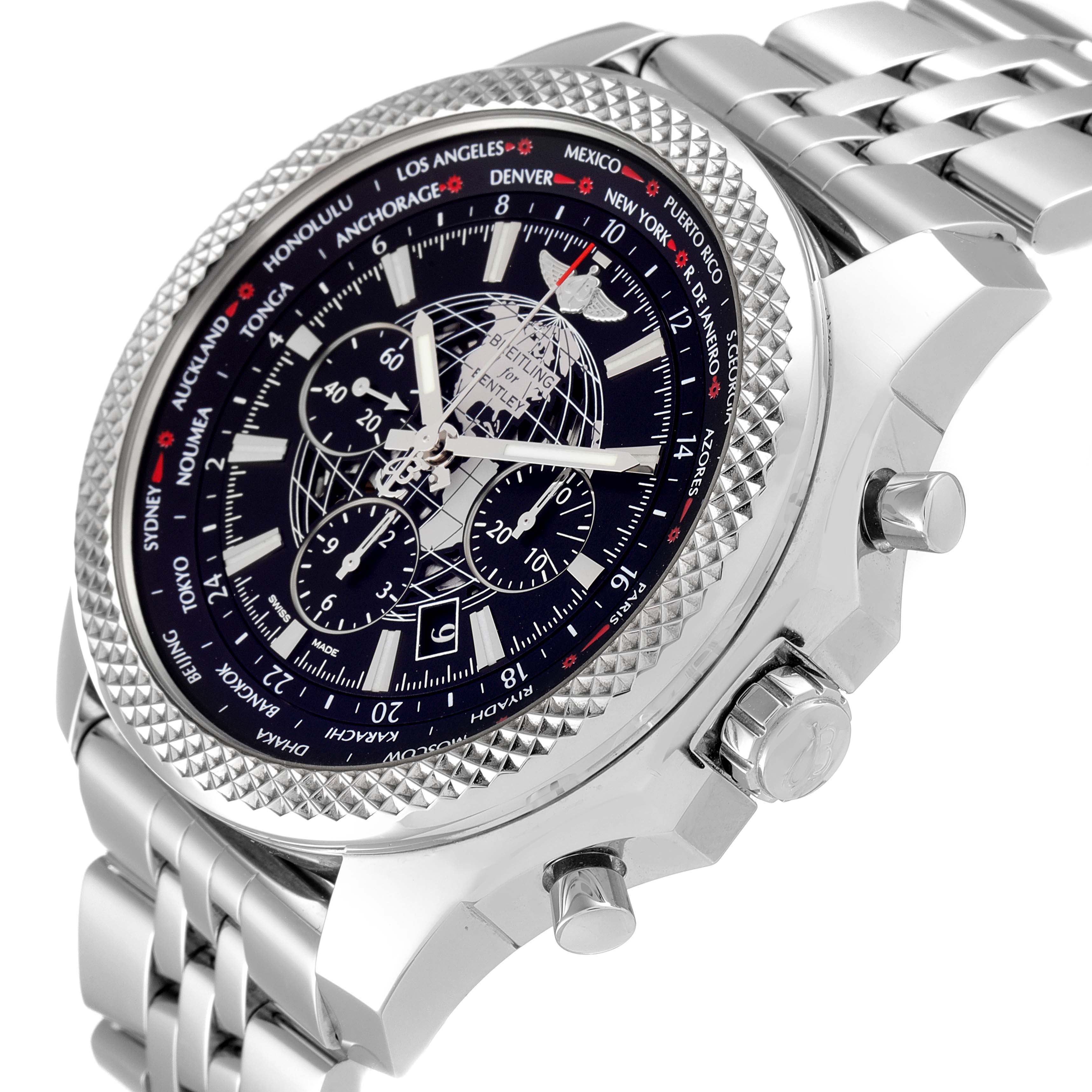 The image shows a Breitling Bentley AB0521U4/BC65 Men's Stainless Steel Black Dial AB0521U4/BC65 Men's Stainless Steel Black Dial watch at an angled view, highlighting the face, bezel, case, crown, and part of the metal bracelet.