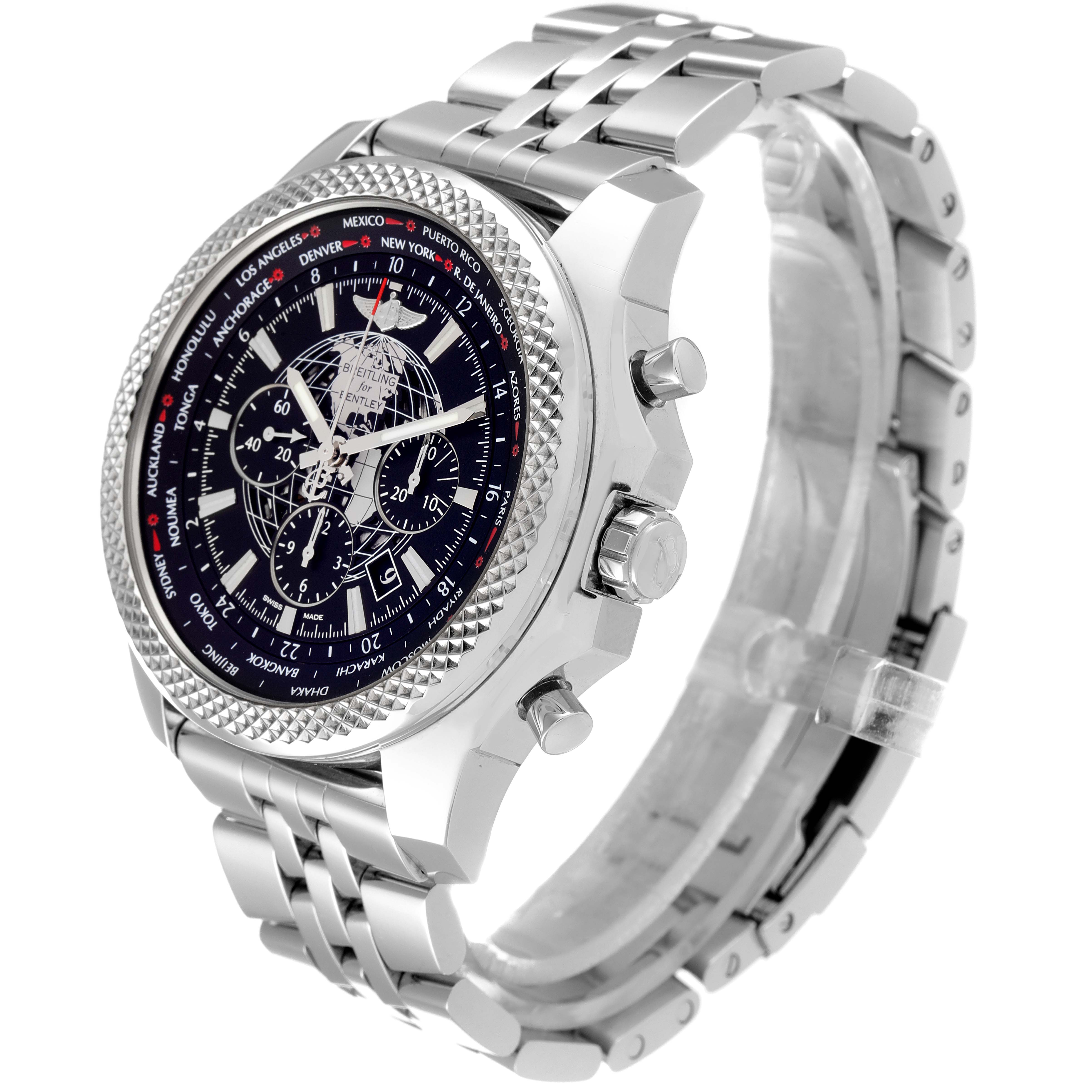 The image shows a side view of the Breitling Bentley AB0521U4/BC65 Men's Stainless Steel Black Dial AB0521U4/BC65 Men's Stainless Steel Black Dial model watch, highlighting its metal strap, dial, and push-buttons.