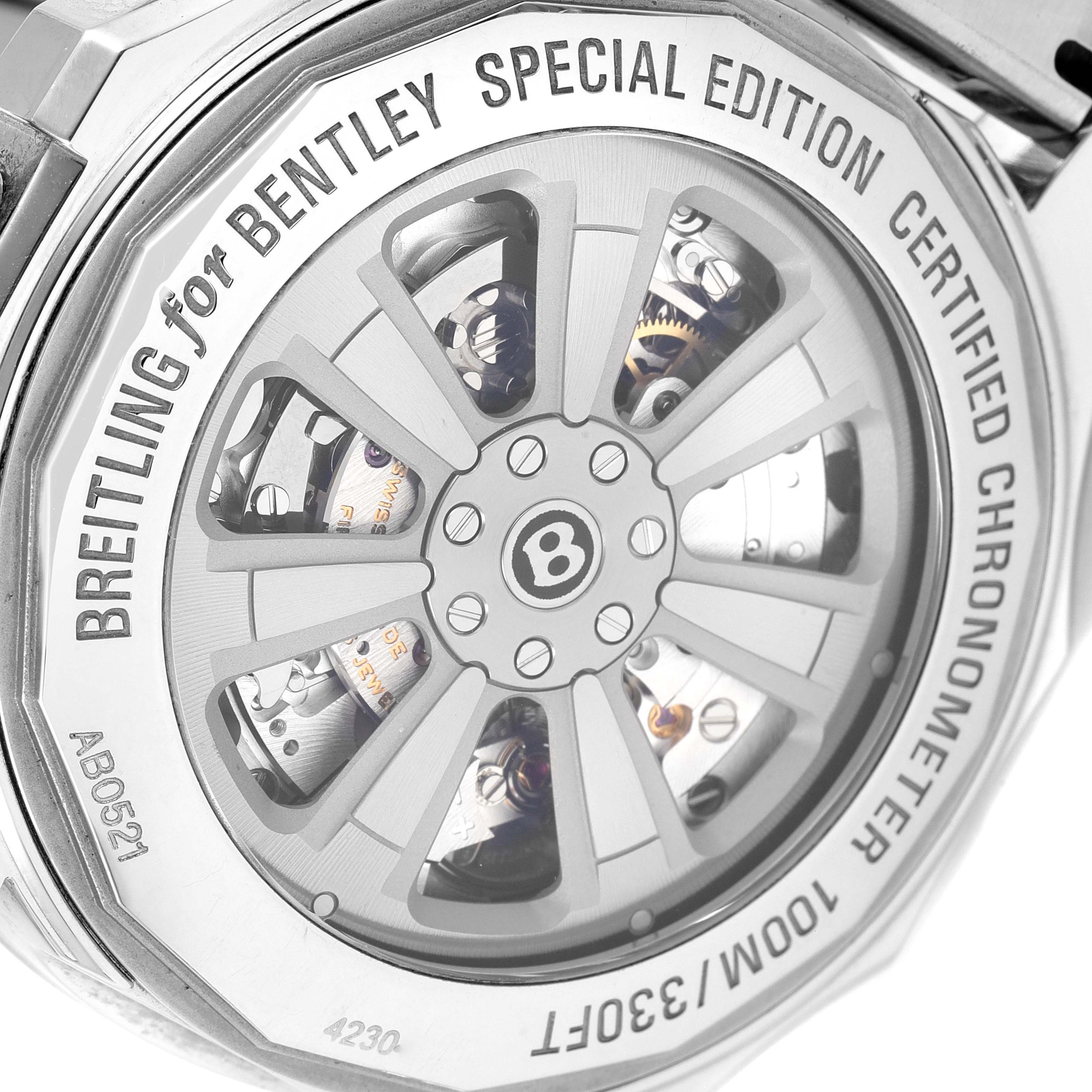 The image shows the back case of the Breitling Bentley AB0521U4/BC65 Men's Stainless Steel Black Dial AB0521U4/BC65 Men's Stainless Steel Black Dial watch, highlighting the transparent exhibition case showcasing the movement inside.