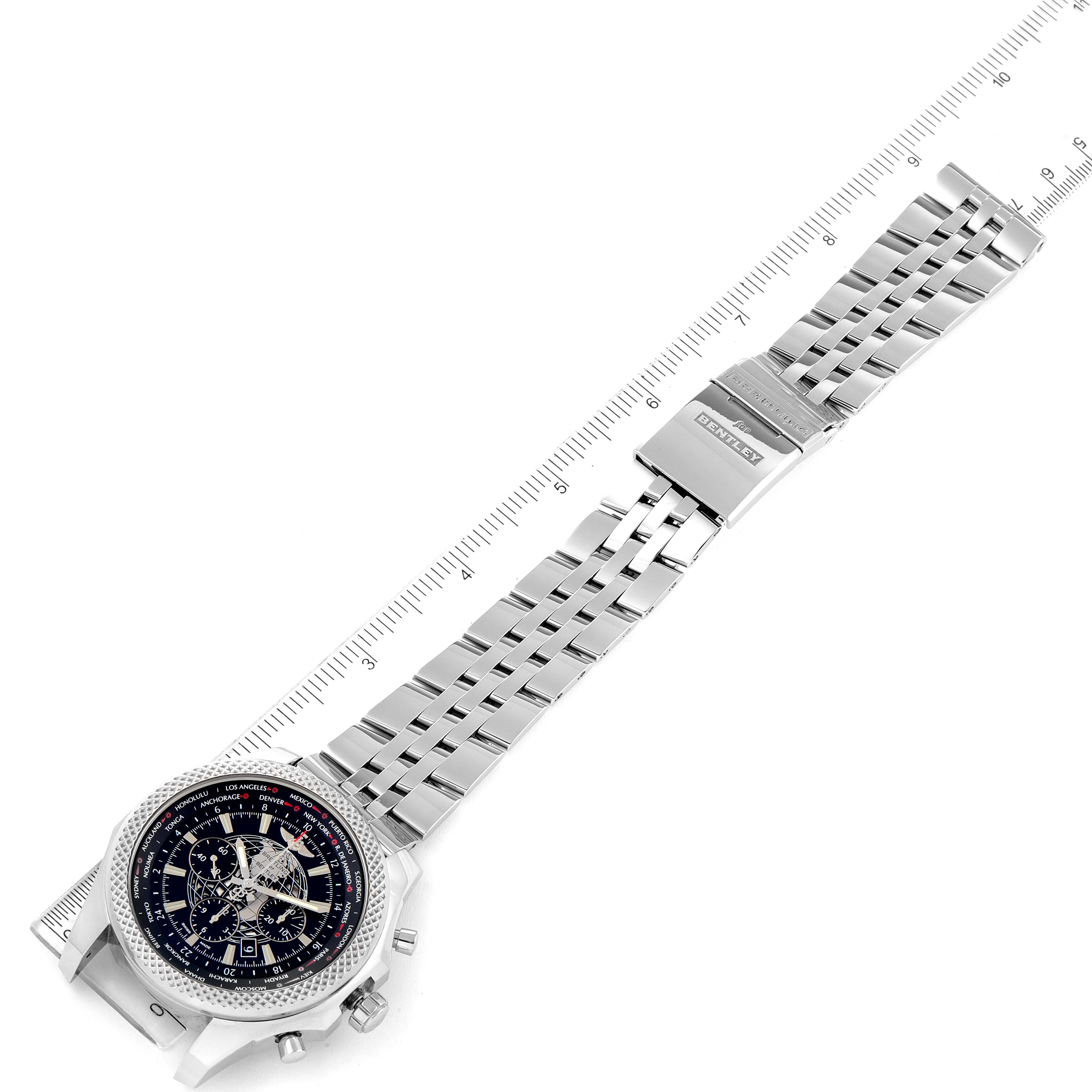 The image shows a Breitling Bentley AB0521U4/BC65 Men's Stainless Steel Black Dial AB0521U4/BC65 Men's Stainless Steel Black Dial watch with a stainless steel bracelet and clasp, laid flat next to a ruler for size reference.