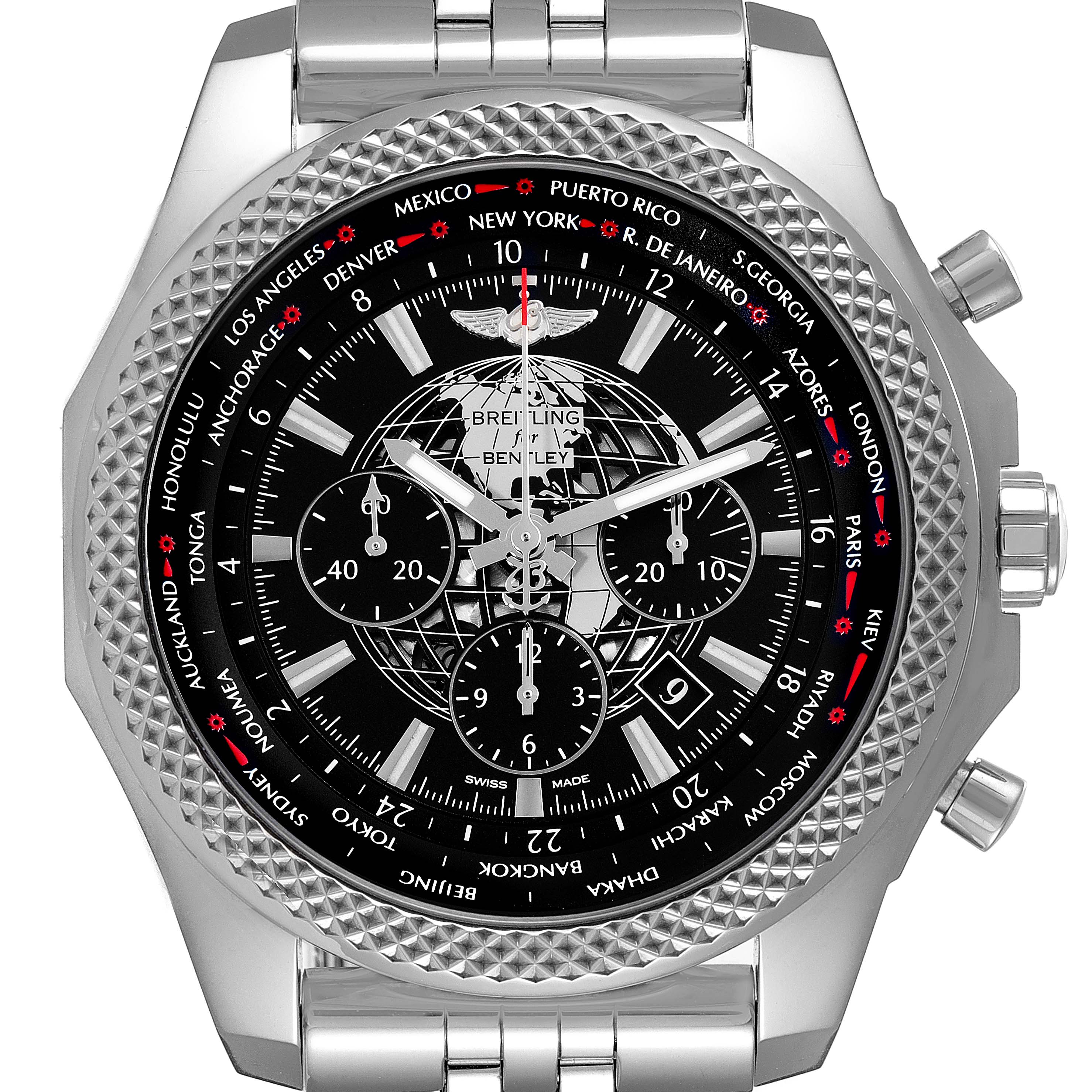 The image shows a frontal view of the Breitling Bentley AB0521U4/BC65 Men's Stainless Steel Black Dial AB0521U4/BC65 Men's Stainless Steel Black Dial watch, highlighting the face, bezel, and part of the metal bracelet.