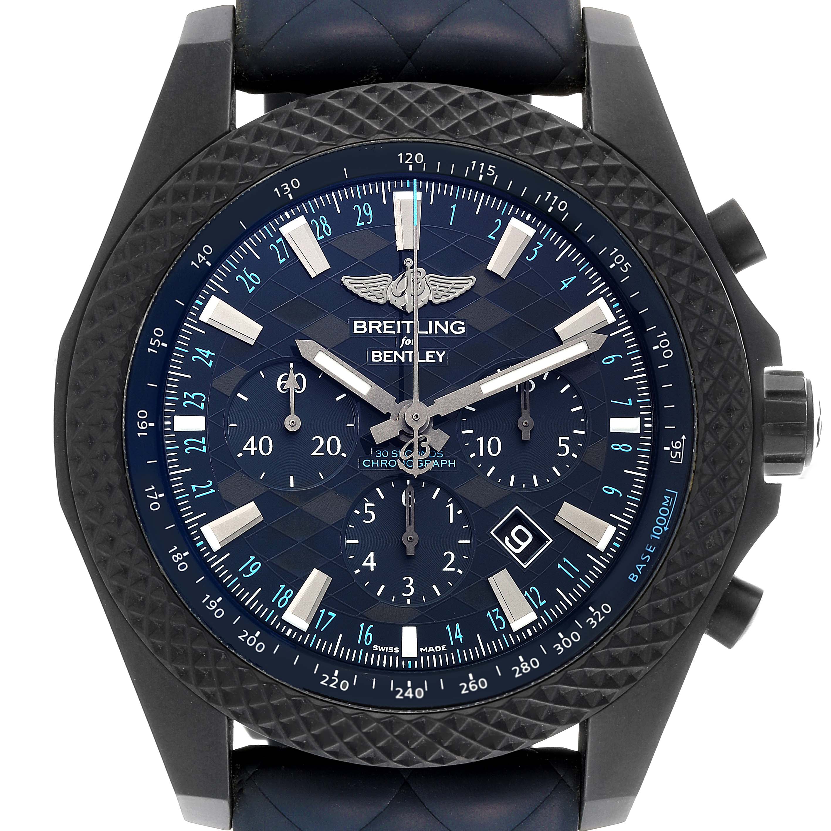 The image shows a front view of the Breitling Bentley XB0613 Men's Ceramic Blue Dial XB0613 Men's Ceramic Blue Dial model watch, highlighting its face, bezel, and strap attachment.