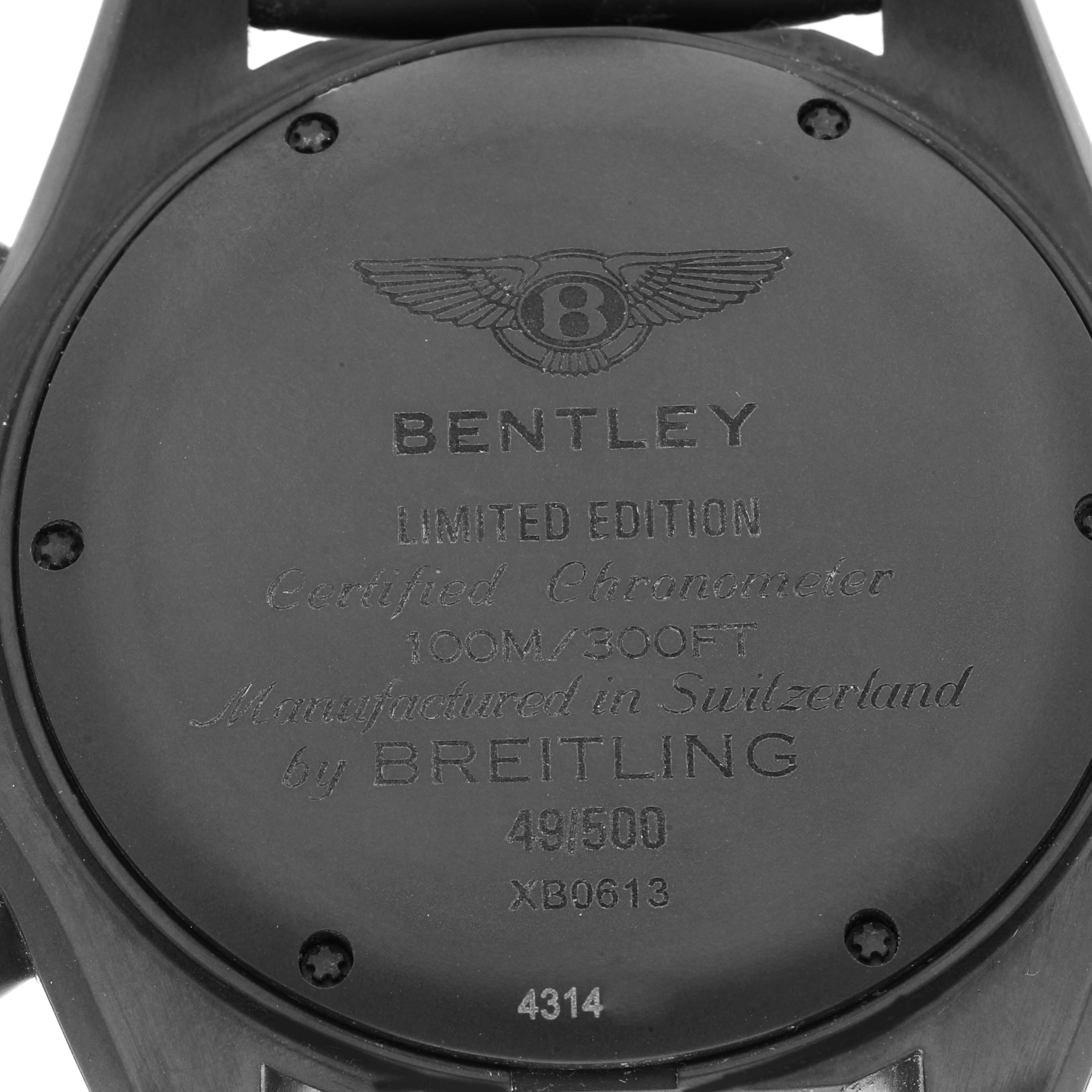 This image shows the back case of a Breitling Bentley XB0613 Men's Ceramic Blue Dial XB0613 Men's Ceramic Blue Dial watch, highlighting its limited edition and certification details.