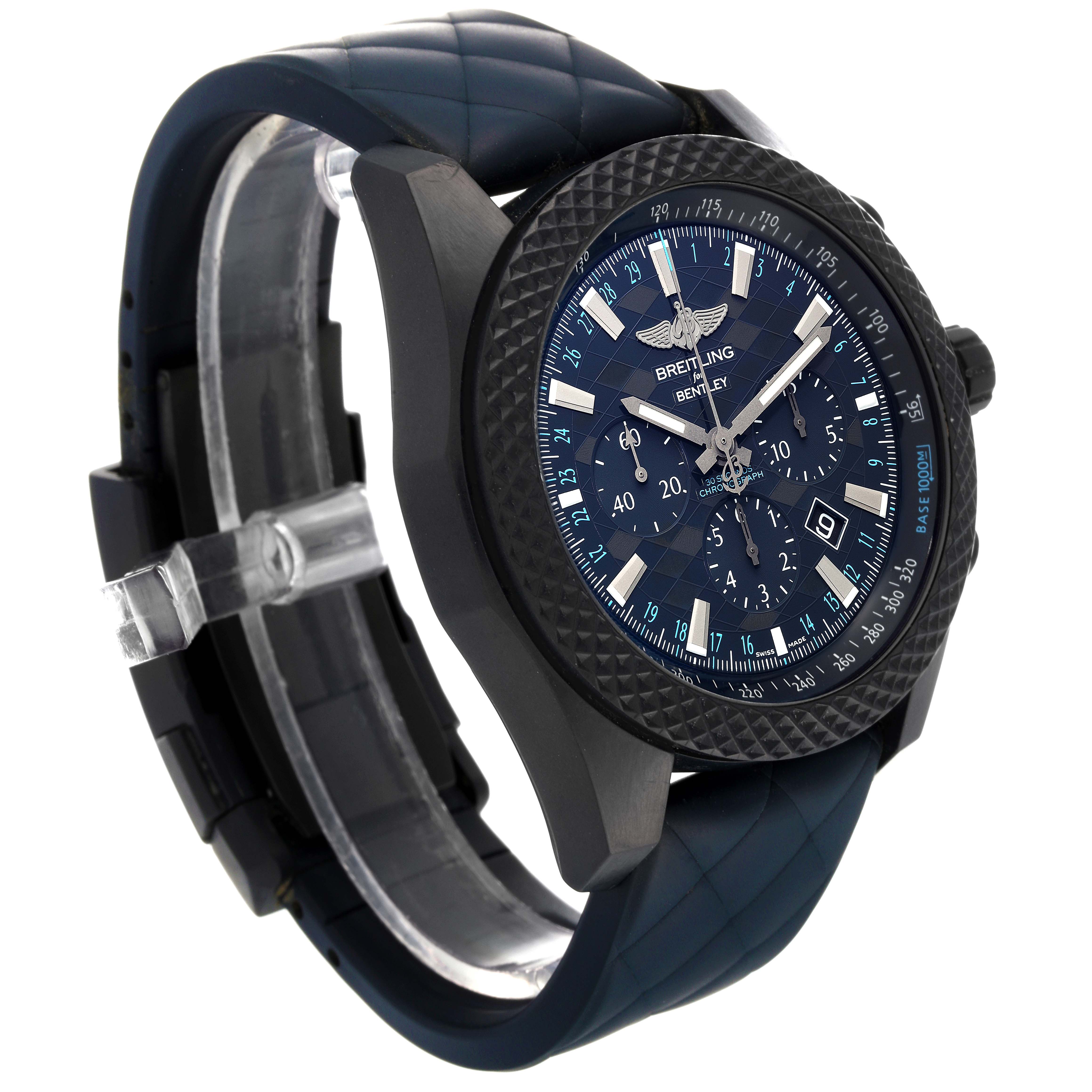The image shows a side and angled view of a Breitling Bentley XB0613 Men's Ceramic Blue Dial XB0613 Men's Ceramic Blue Dial watch, highlighting the case, dial, and strap.