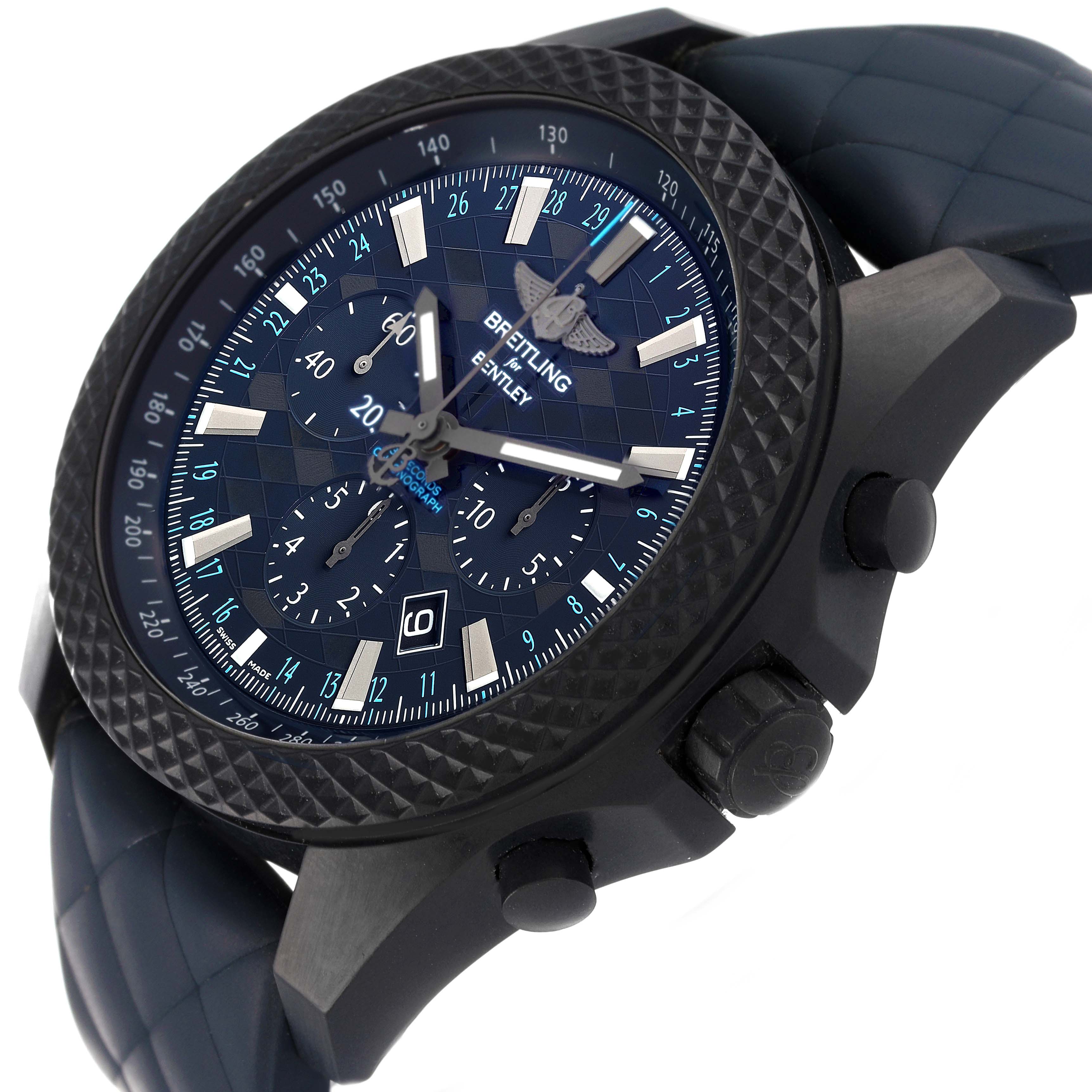 The image shows a Breitling Bentley XB0613 Men's Ceramic Blue Dial XB0613 Men's Ceramic Blue Dial watch at an angle highlighting its face, bezel, and side push buttons.