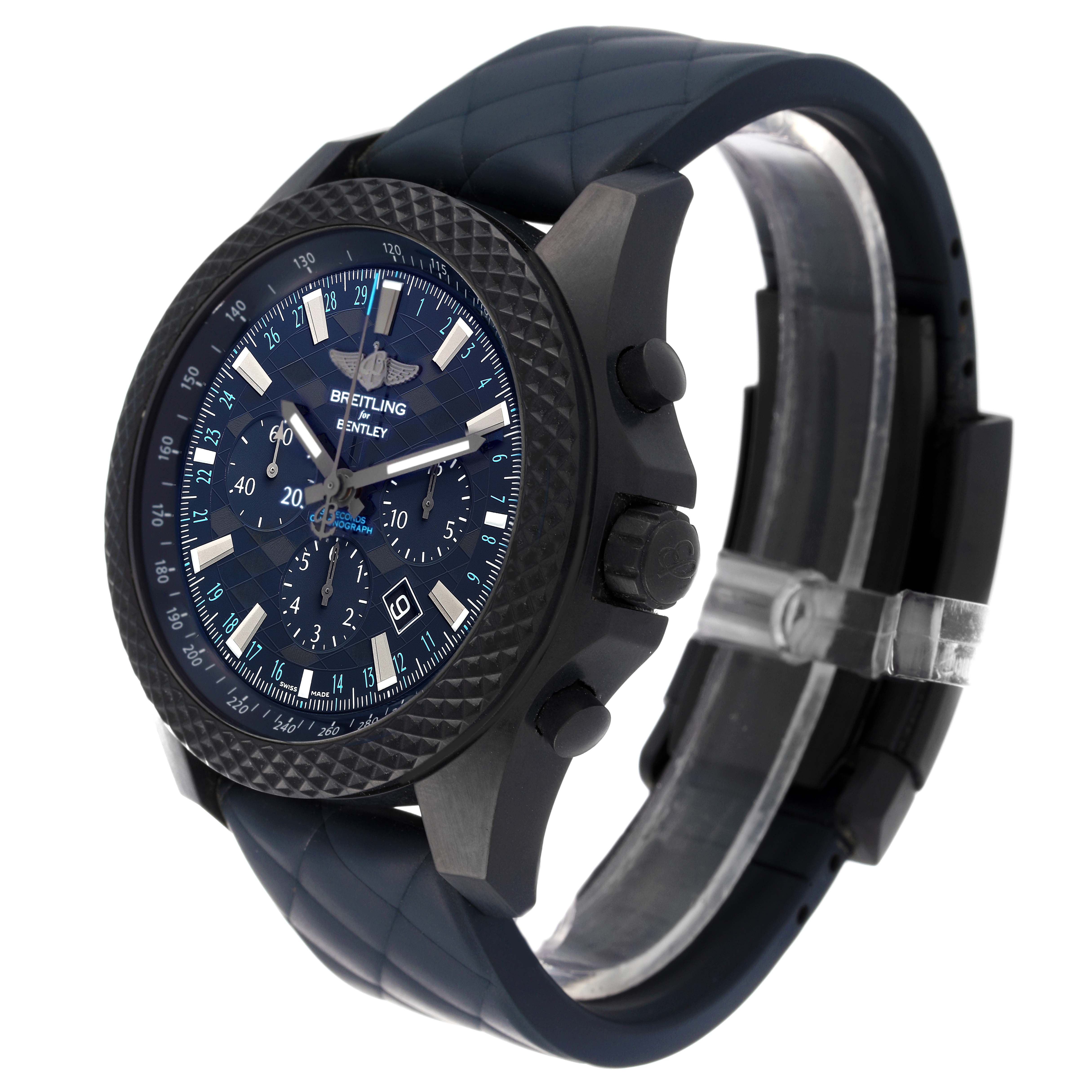 The image shows a side angle view of a Breitling Bentley XB0613 Men's Ceramic Blue Dial XB0613 Men's Ceramic Blue Dial model watch, displaying the face, bezel, buttons, and strap.