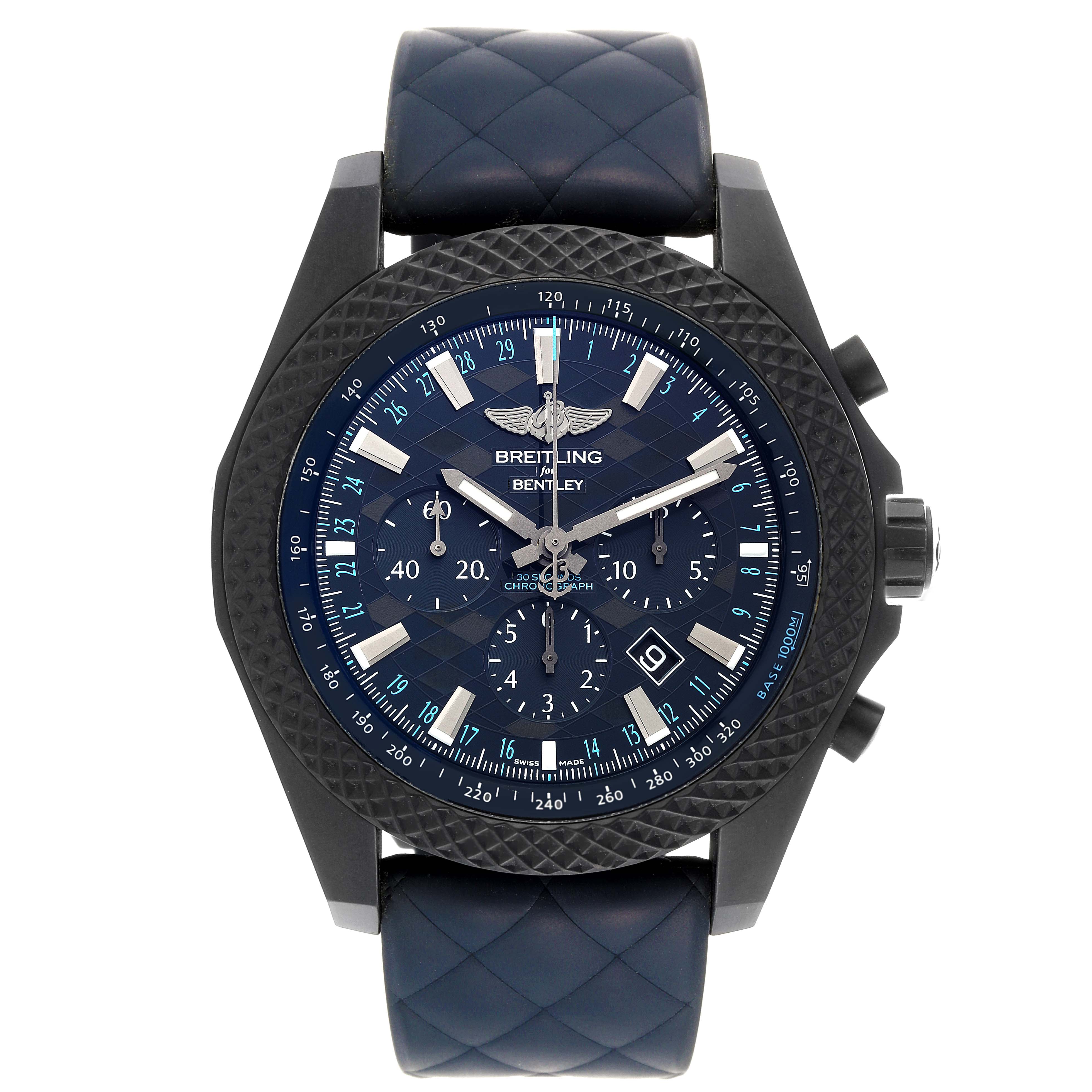 This image shows a front angle of the Bentley model by Breitling, featuring the watch face, strap, and side buttons.