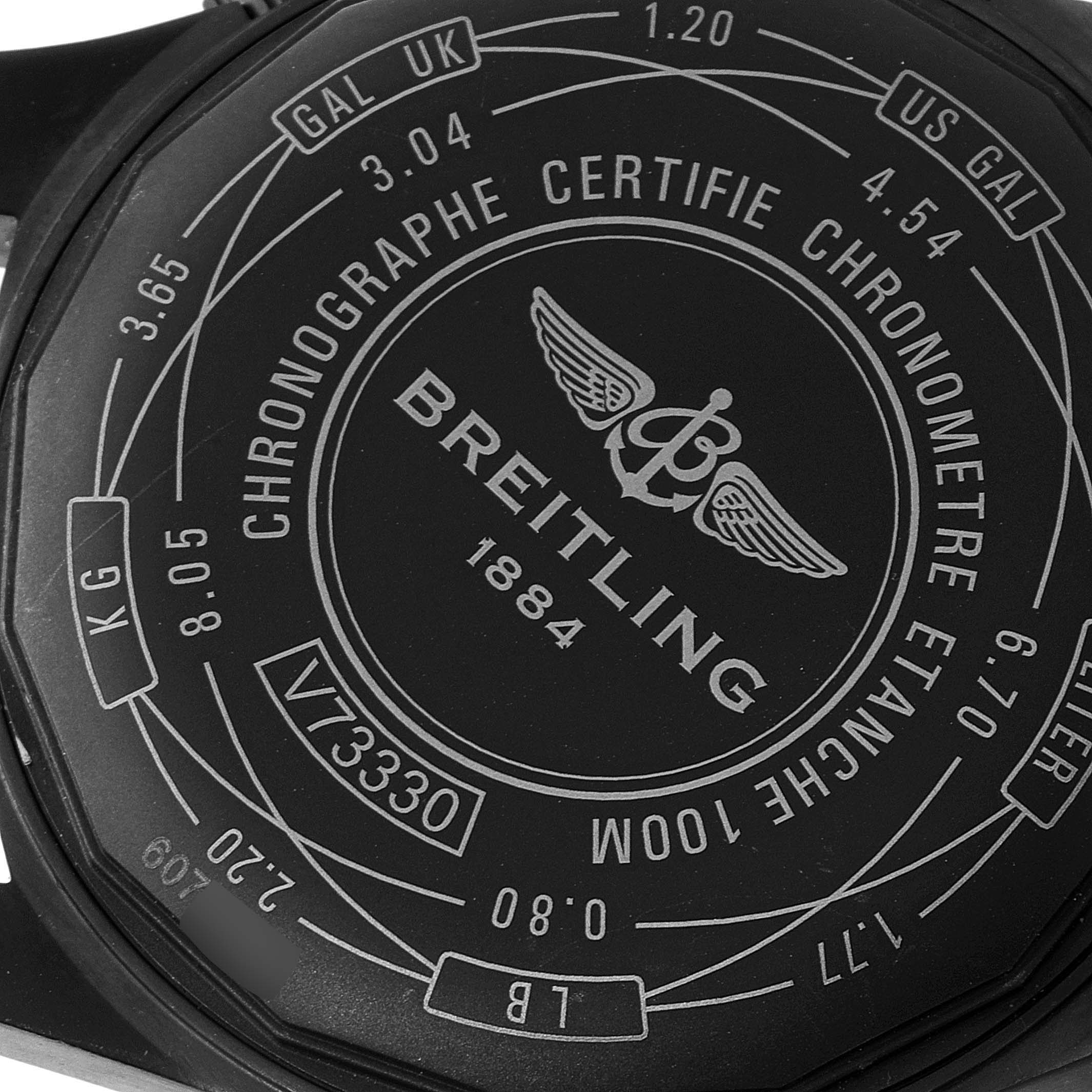 This image shows the back case of a Breitling Professional Series V73330 Men
s Titanium Blue Dial V73330 Men
s Titanium Blue Dial watch, displaying branding and certification details.