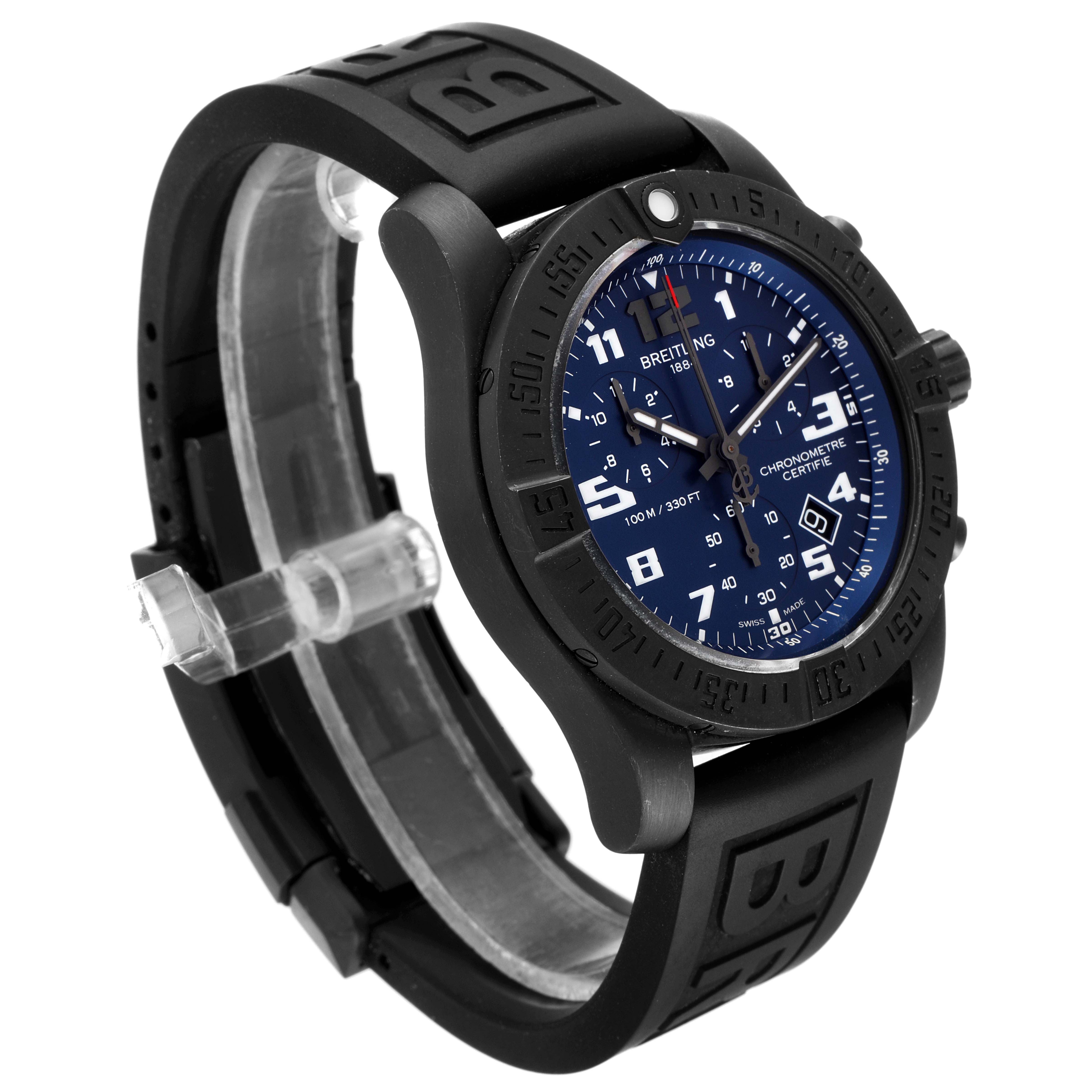 The image shows a side and partial front view of the Breitling Professional Series V73330 Men
s Titanium Blue Dial V73330 Men
s Titanium Blue Dial watch with a black strap and blue dial.