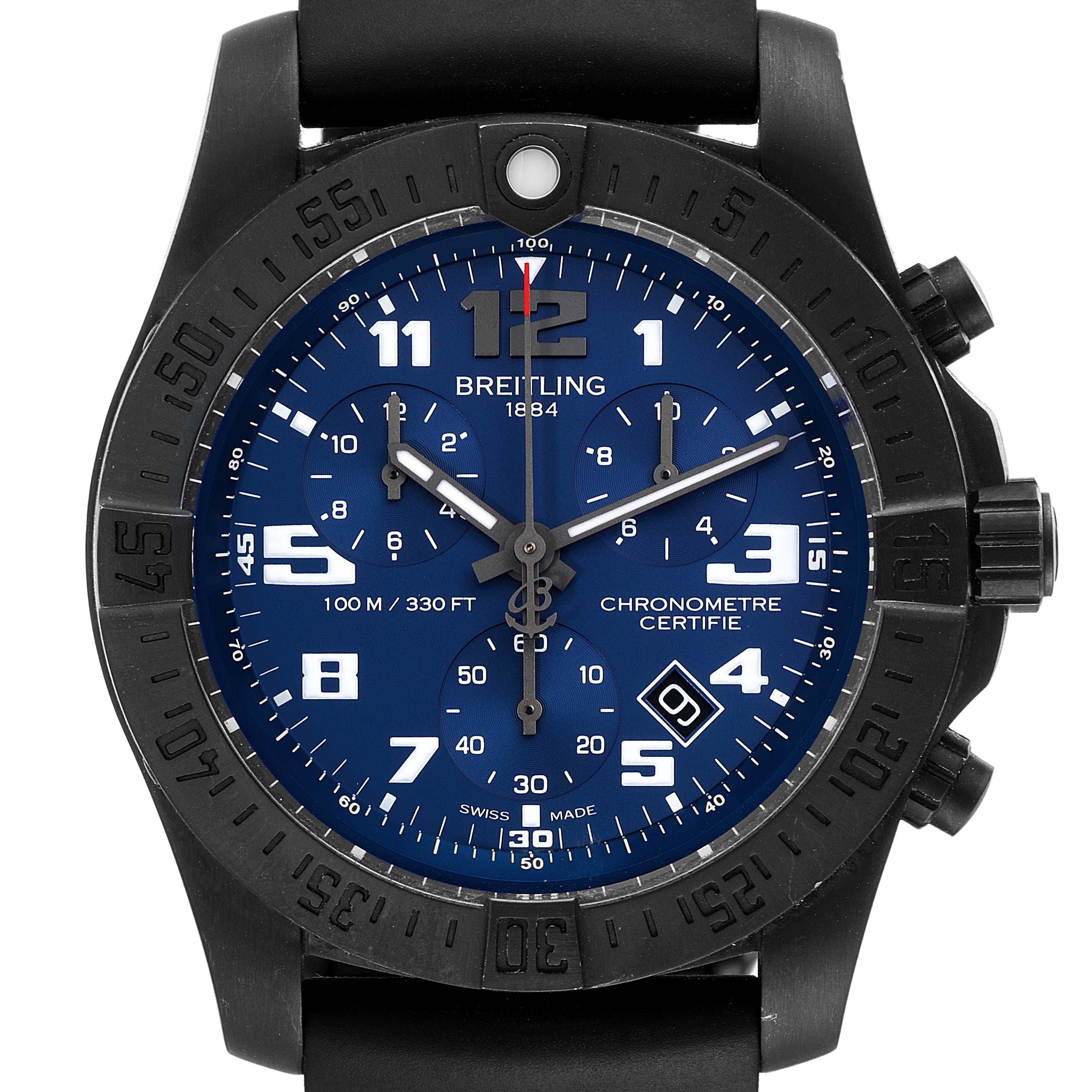 The image shows a front view of the Breitling Professional Series V73330 Men
s Titanium Blue Dial V73330 Men
s Titanium Blue Dial watch, displaying its dial, bezel, and strap.