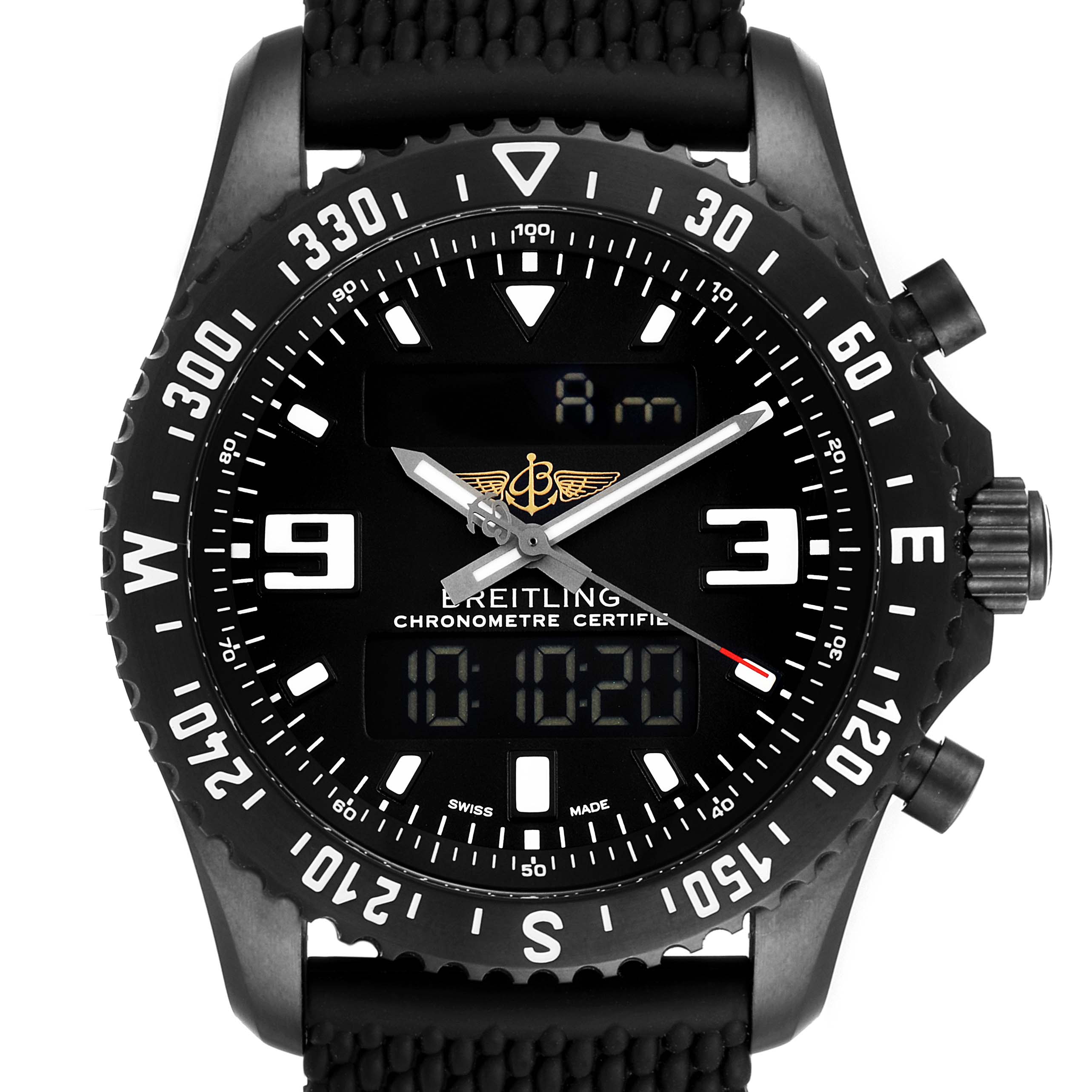 The image shows a frontal view of a Breitling Professional Series M78367 Men's Stainless Steel Black Dial M78367 Men's Stainless Steel Black Dial watch, highlighting the dial, hands, bezel, and crown.