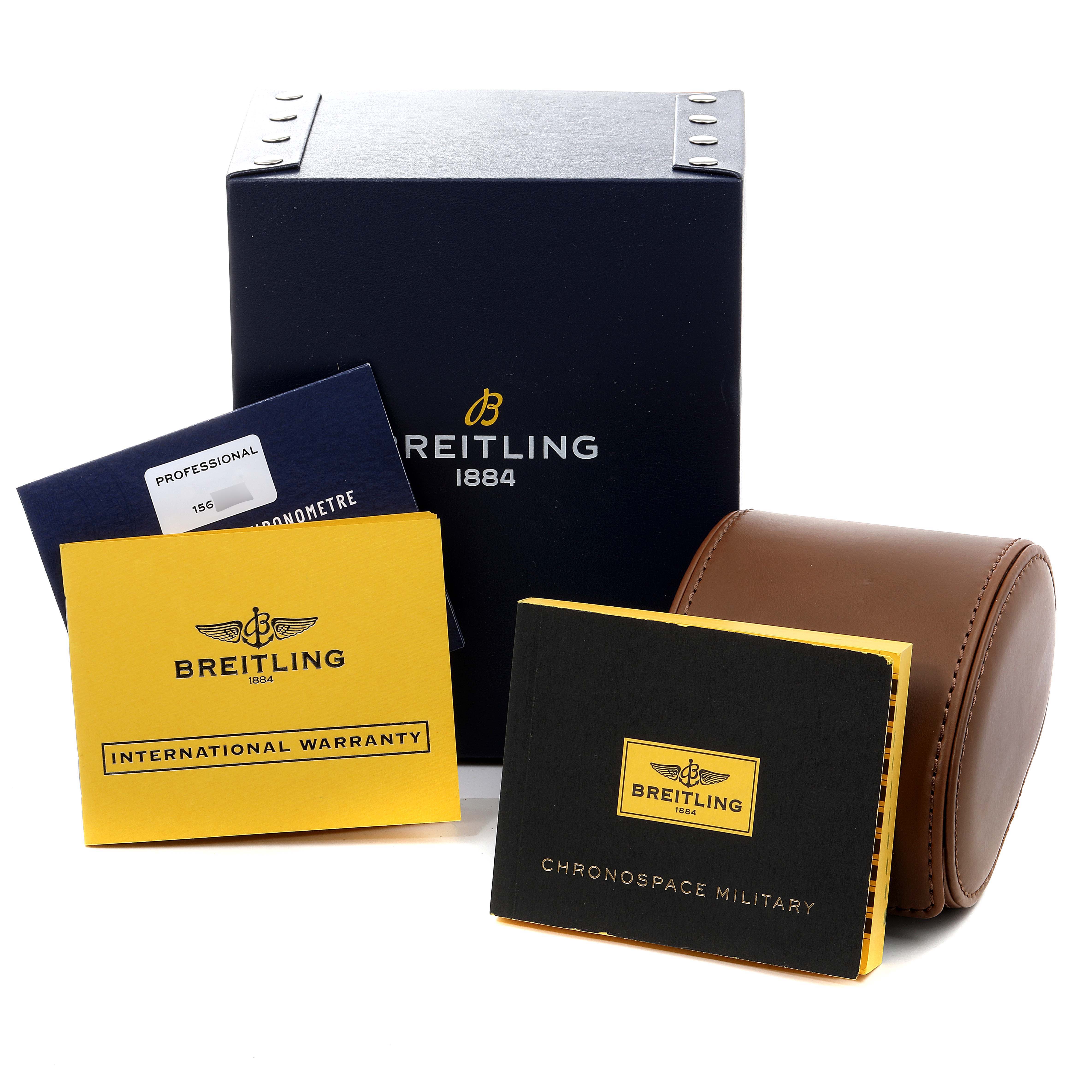 The image shows the packaging and documentation, including a box, case, and manuals, for the Breitling Professional Series M78367 Men's Stainless Steel Black Dial M78367 Men's Stainless Steel Black Dial watch.