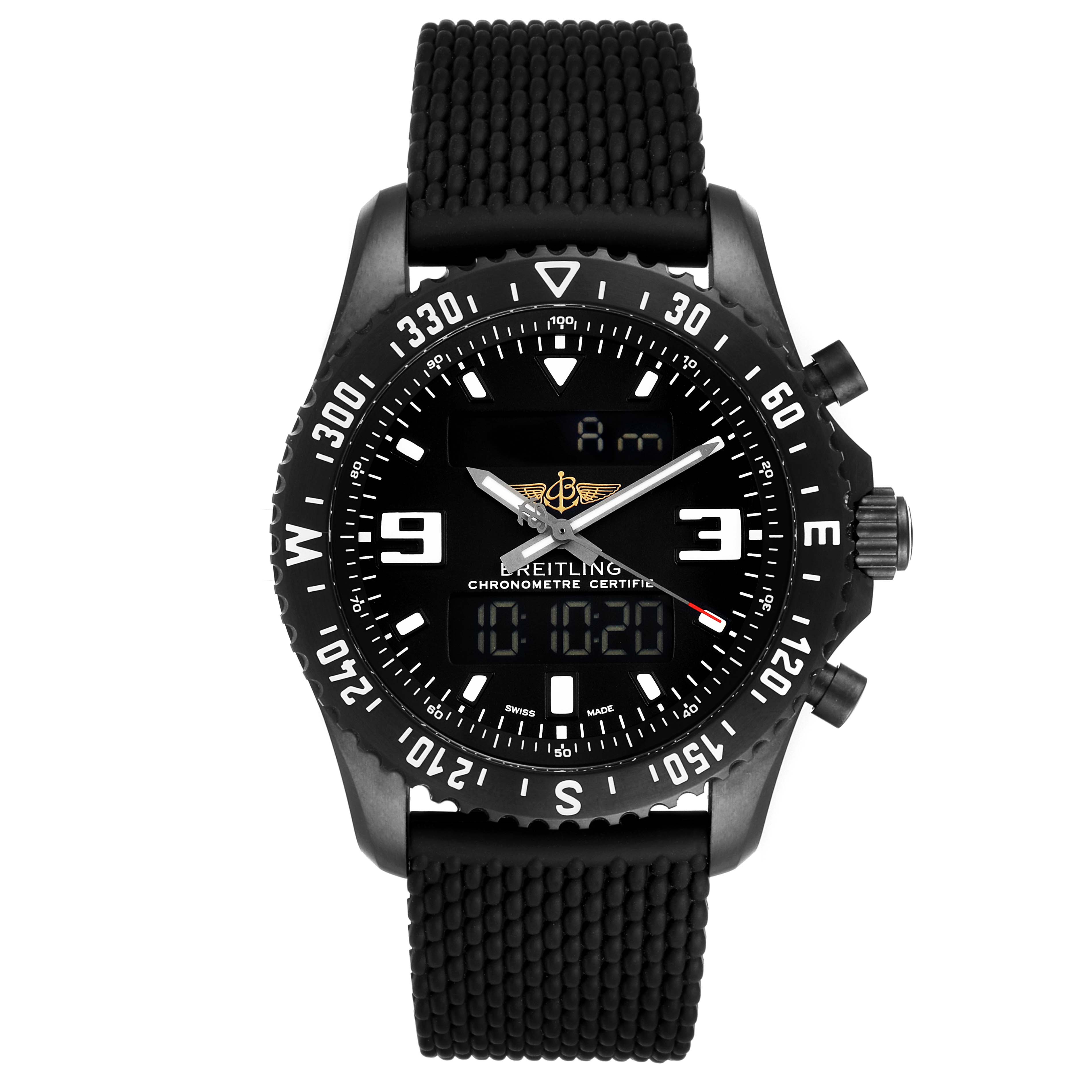 The image shows a frontal view of a Breitling Professional Series M78367 Men's Stainless Steel Black Dial M78367 Men's Stainless Steel Black Dial watch, displaying the dial, bezel, crown, and strap.