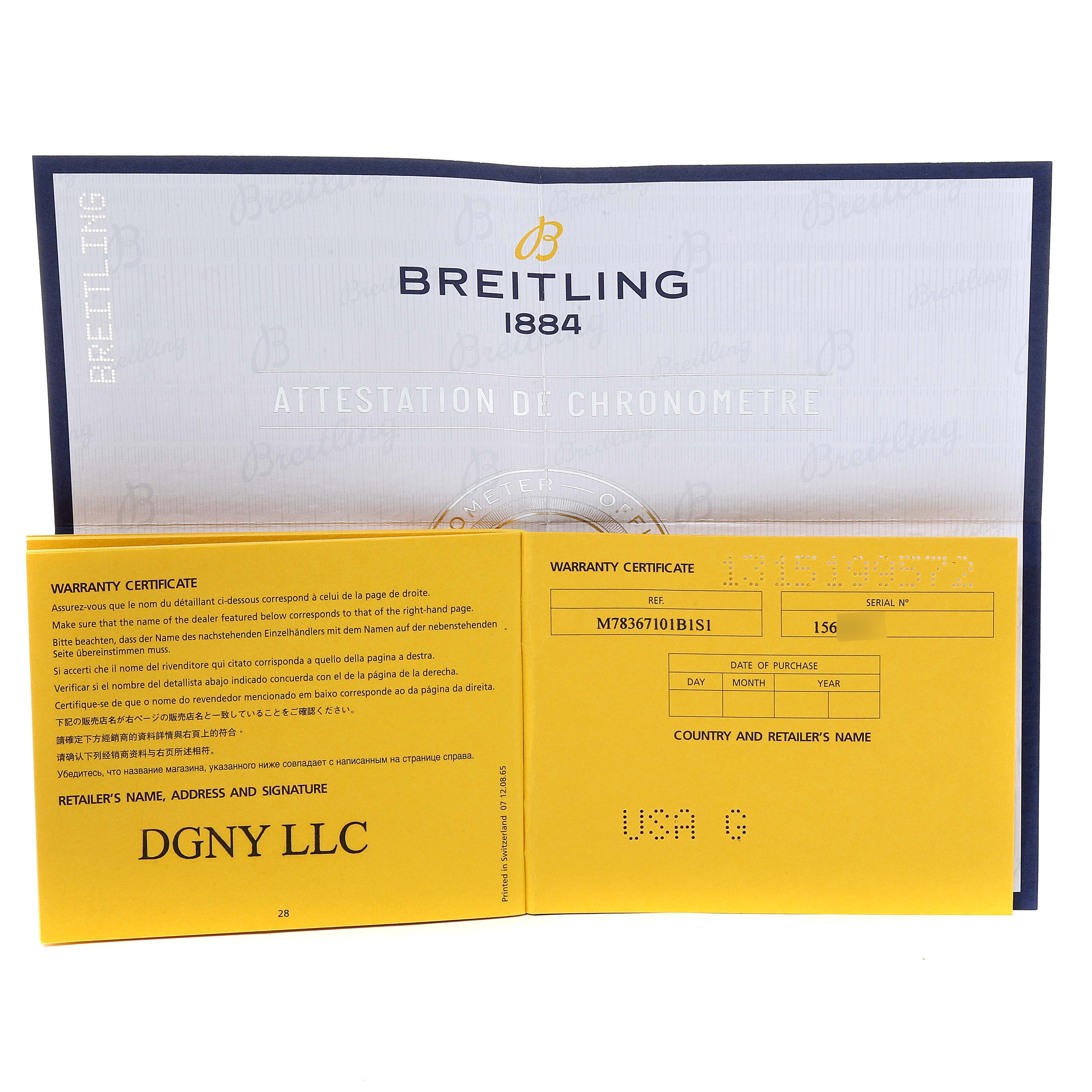 The image shows warranty and chronometer certification documents for a Breitling Professional Series M78367 Men's Stainless Steel Black Dial M78367 Men's Stainless Steel Black Dial watch.
