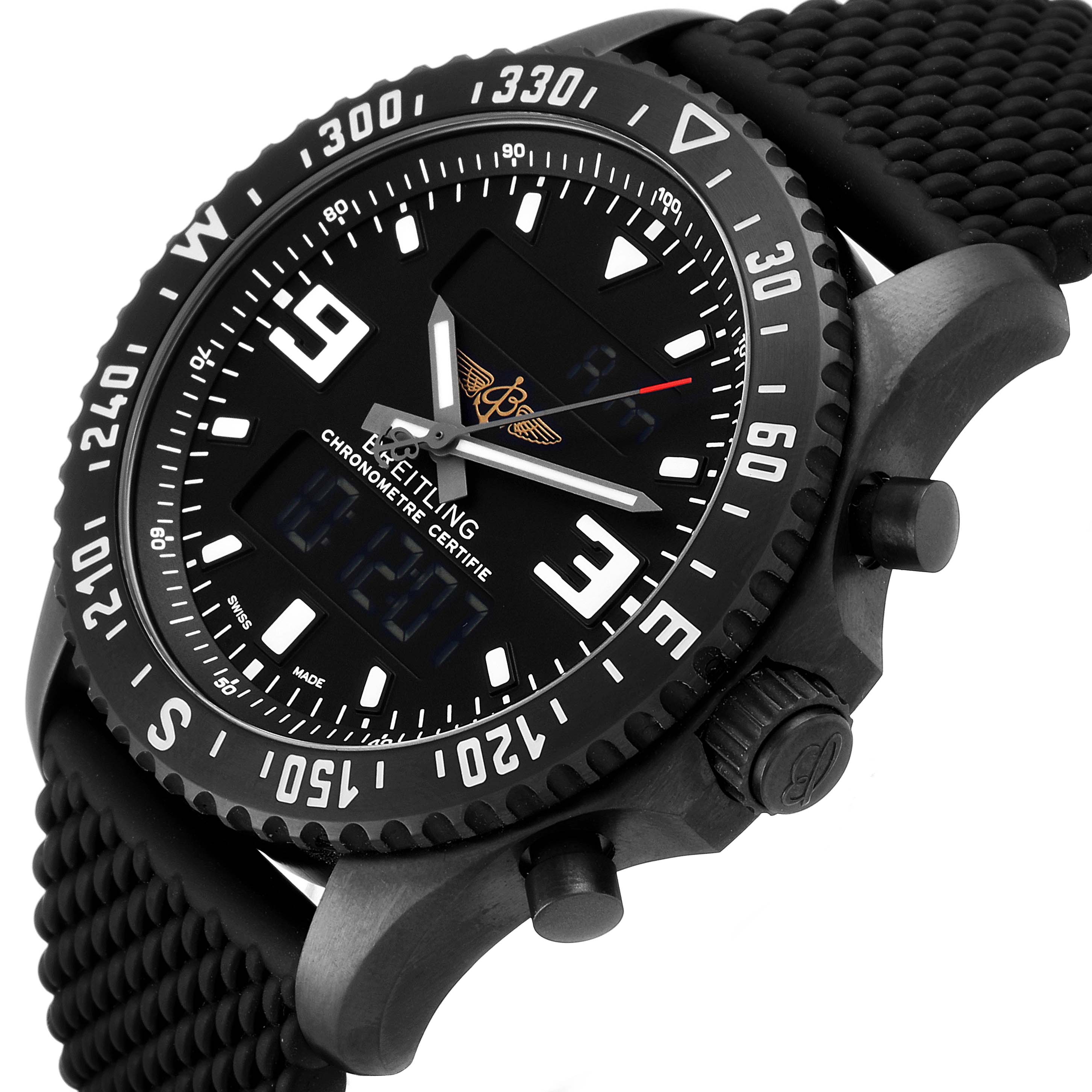 The image shows a close-up angled view of the face and side of a Breitling Professional Series M78367 Men's Stainless Steel Black Dial M78367 Men's Stainless Steel Black Dial watch, including the bezel, crown, and strap.