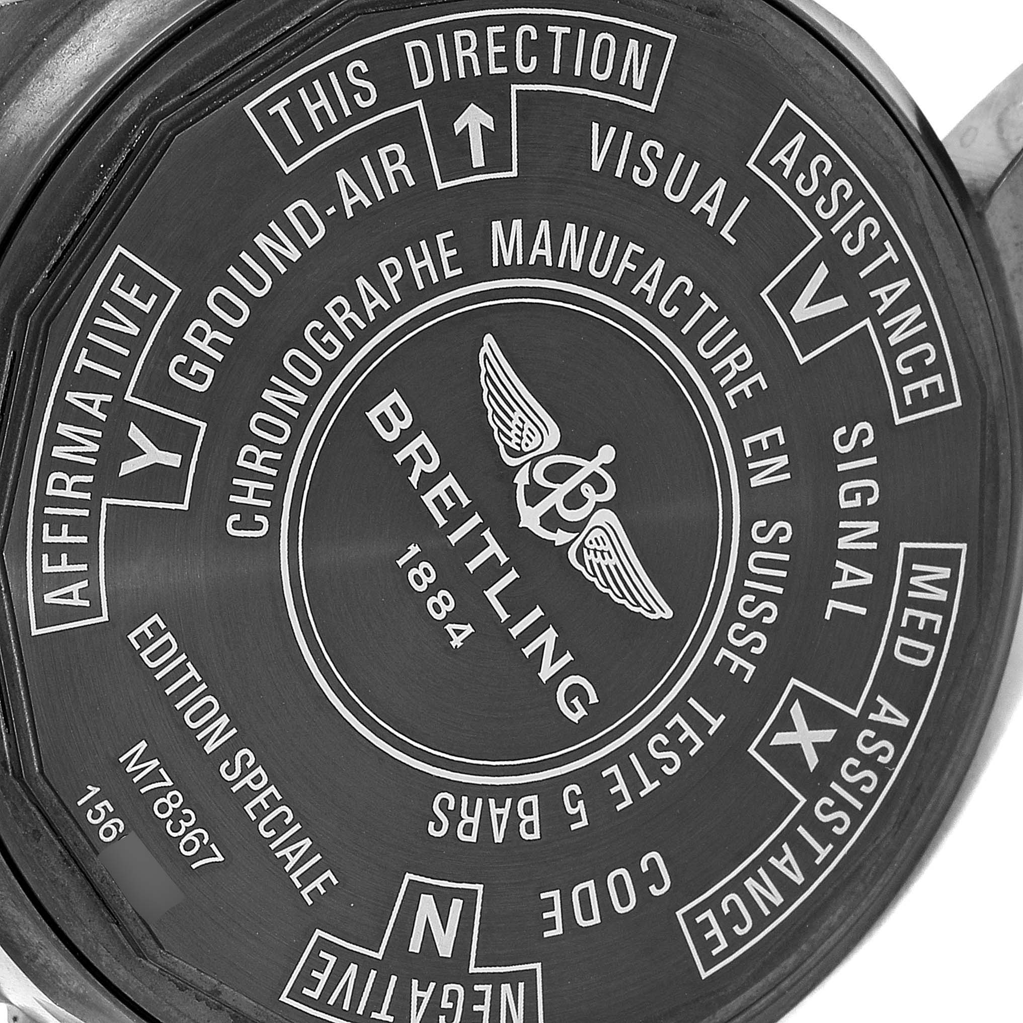 The image shows the back case of a Breitling Professional Series M78367 Men's Stainless Steel Black Dial M78367 Men's Stainless Steel Black Dial watch, highlighting various markings and engravings.