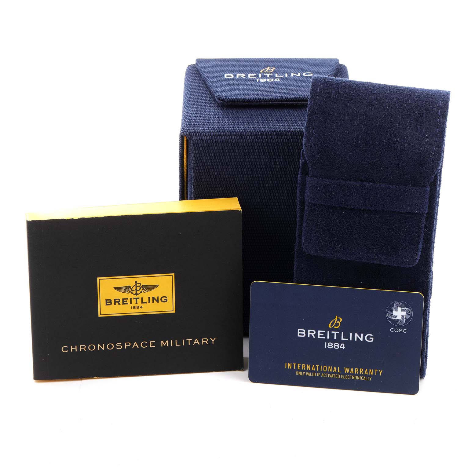 The image shows packaging, a velvet pouch, a booklet, and an international warranty card for a Breitling Professional Series M78367 Men's Stainless Steel Black Dial M78367 Men's Stainless Steel Black Dial watch.