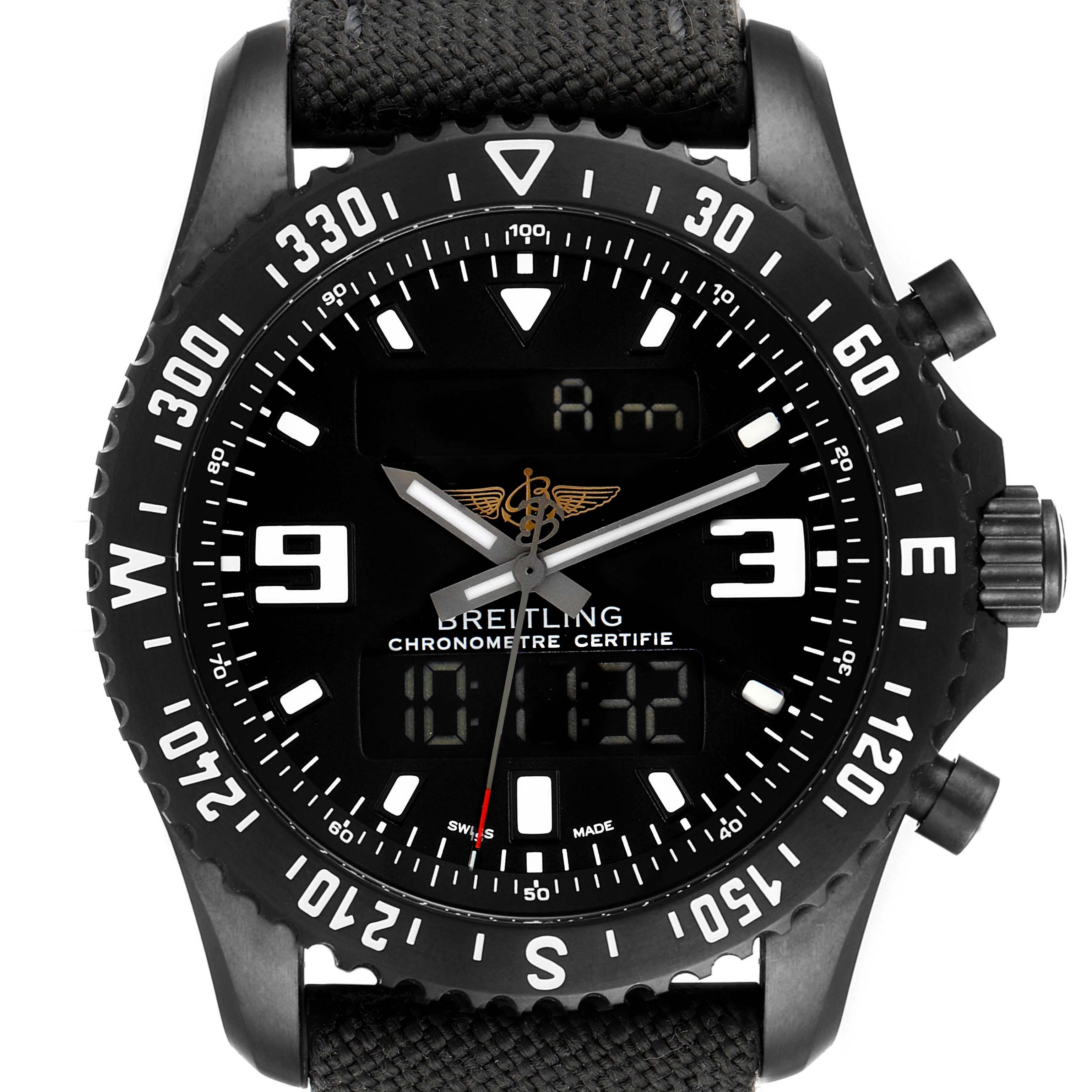 The image shows a front view of the Breitling Professional Series M78367 Men's Stainless Steel Black Dial M78367 Men's Stainless Steel Black Dial watch, highlighting its bezel, dial, and digital displays.