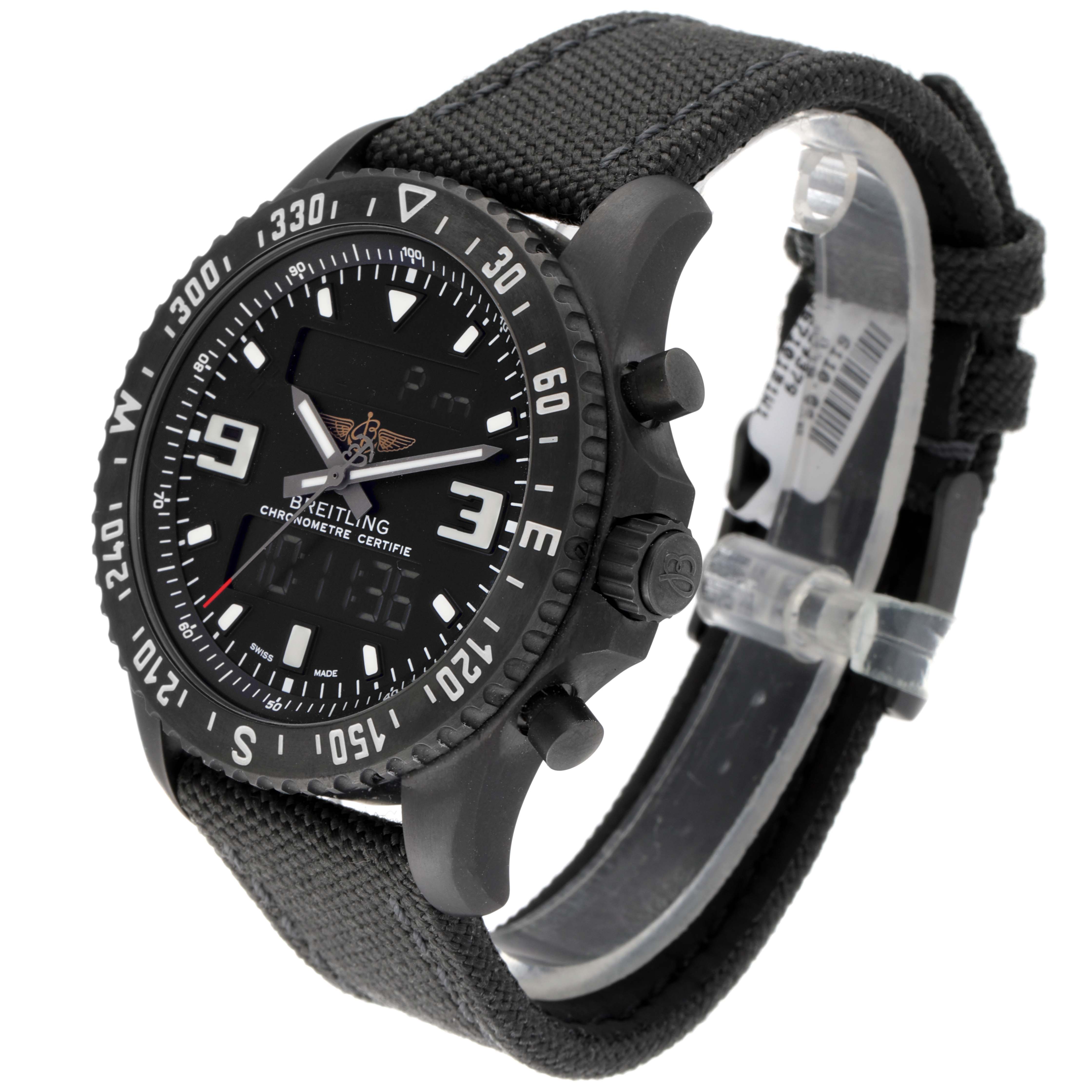 The Breitling Professional Series M78367 Men's Stainless Steel Black Dial M78367 Men's Stainless Steel Black Dial watch is shown at an oblique angle, showcasing its face, bezel, crown, pushers, and strap.