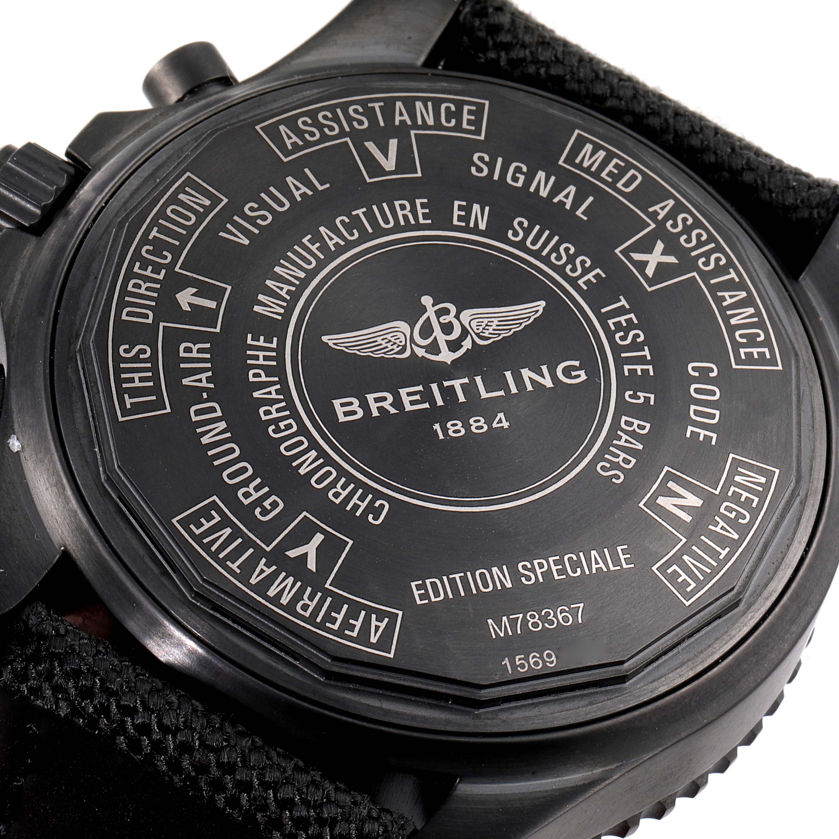 The image shows the back case of a Breitling Professional Series M78367 Men's Stainless Steel Black Dial M78367 Men's Stainless Steel Black Dial watch, highlighting the brand logo and specific model details.
