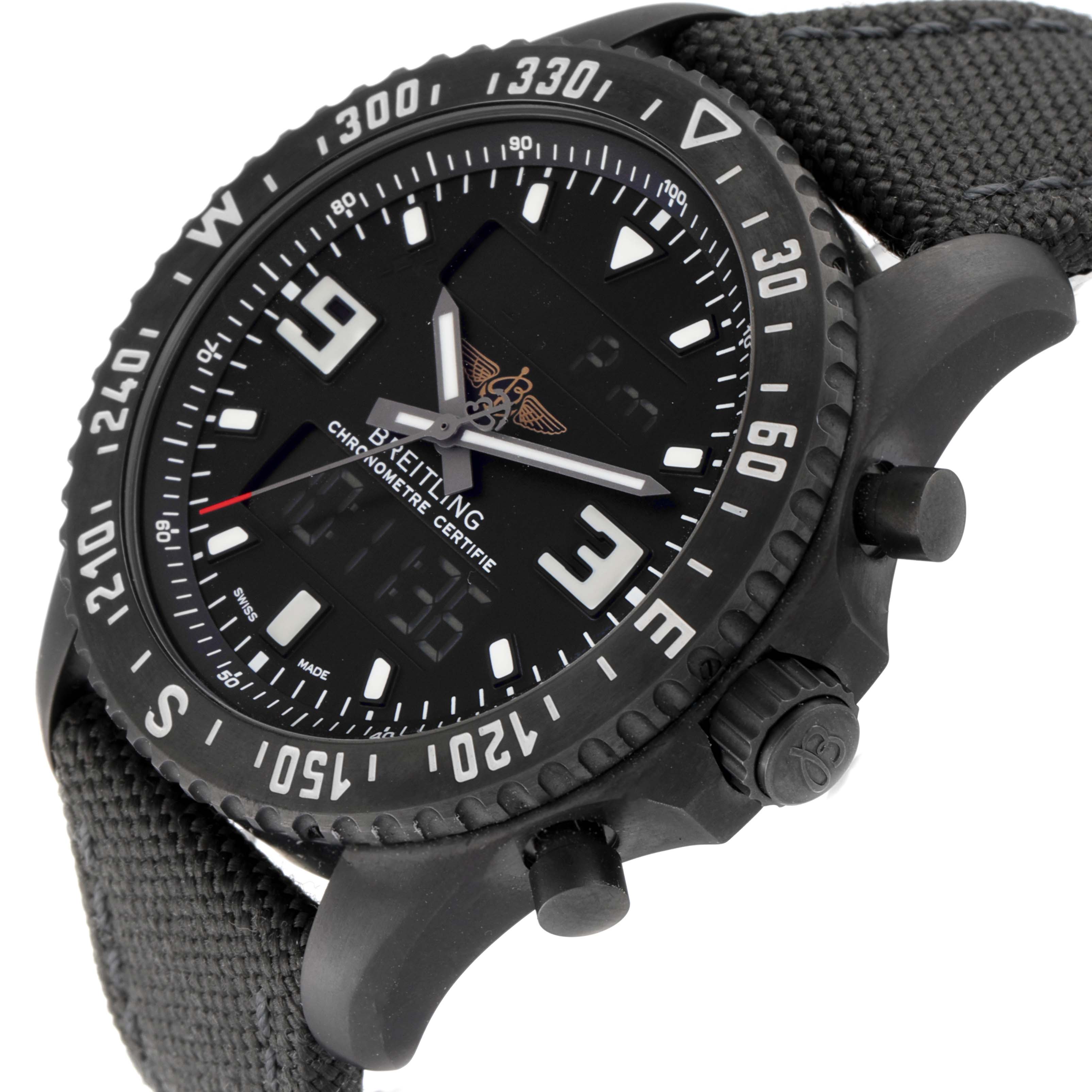 The Breitling Professional Series M78367 Men's Stainless Steel Black Dial M78367 Men's Stainless Steel Black Dial watch is shown at a tilted angle, displaying the face, bezel, and strap attachment.