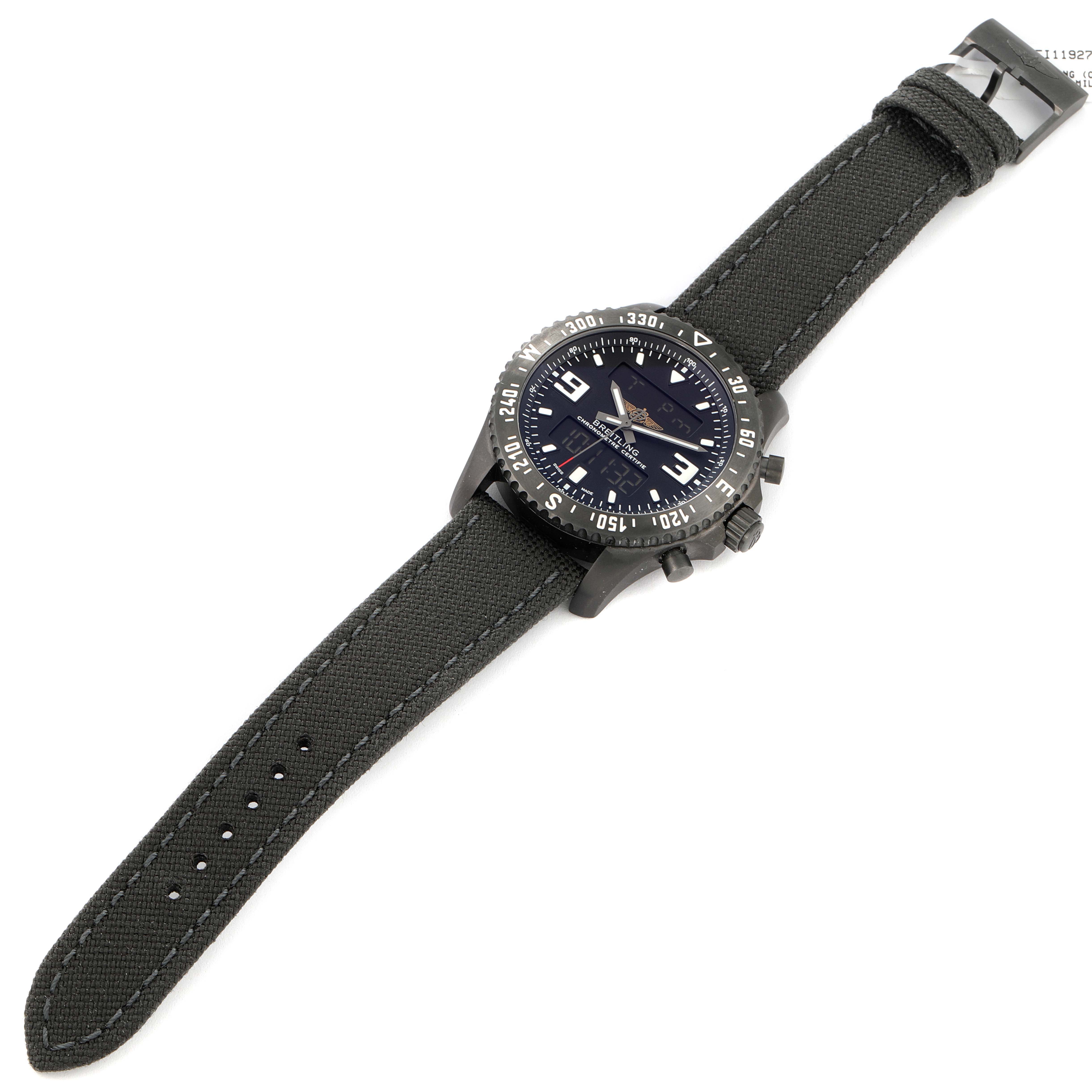 The image shows a Breitling Professional Series M78367 Men's Stainless Steel Black Dial M78367 Men's Stainless Steel Black Dial watch at an angled top view, highlighting its face, bezel, and strap.