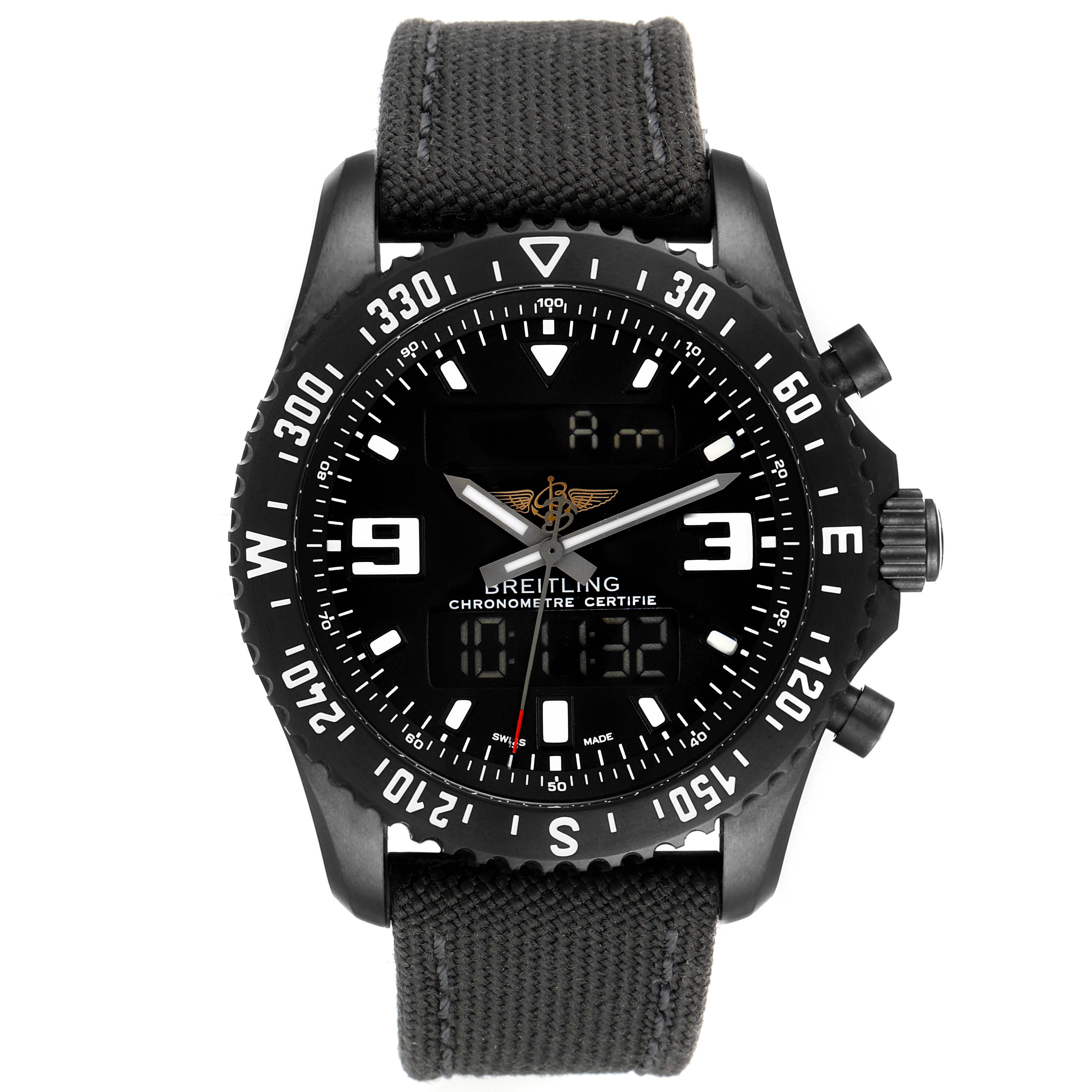 The image shows a front view of a Breitling Professional Series M78367 Men's Stainless Steel Black Dial M78367 Men's Stainless Steel Black Dial watch, highlighting the face, bezel, and strap.