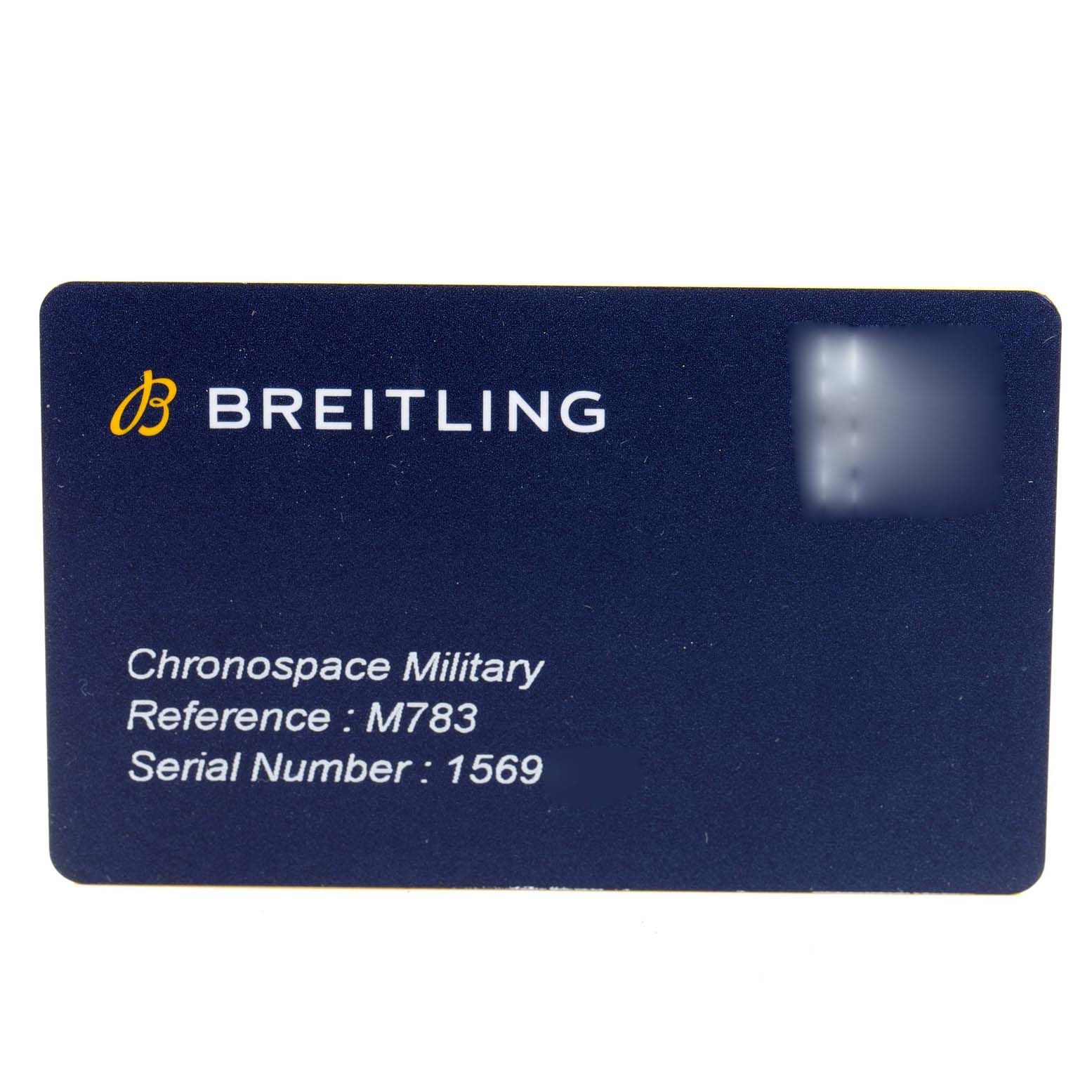 This image shows the warranty card for the Breitling Chronospace Military Professional Series watch, displaying the reference and serial number.