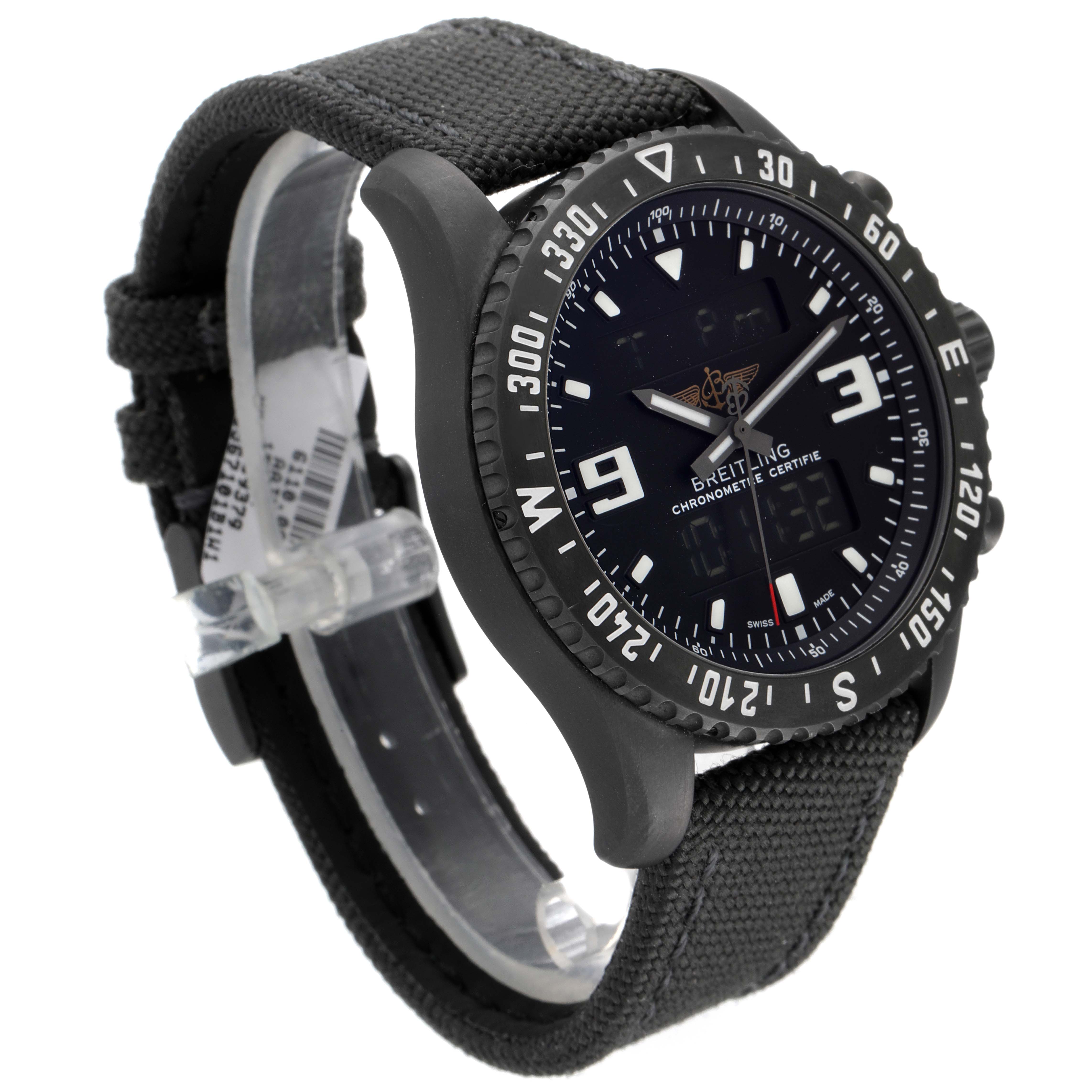 This is a side-angle view of the Breitling Professional Series M78367 Men's Stainless Steel Black Dial M78367 Men's Stainless Steel Black Dial watch, showing its dial, bezel, and strap.