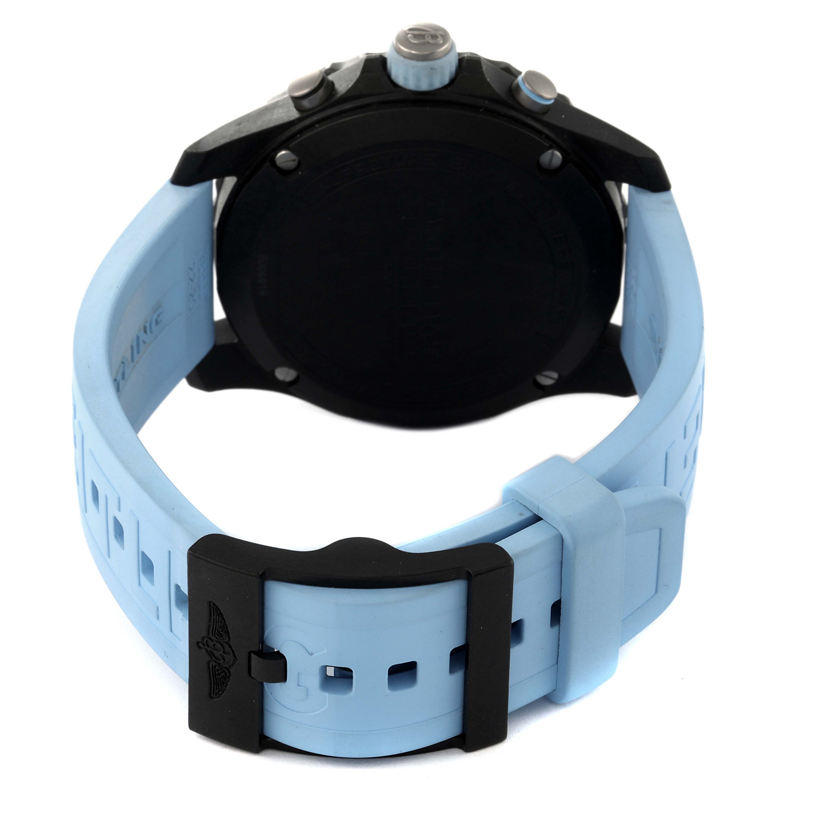 The image shows the back view of a Professional Series Breitling watch with a light blue band and black clasp.